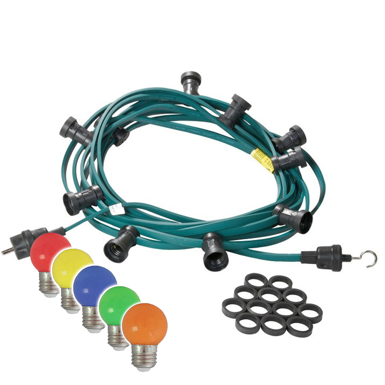 Illu-/Partylichterkette 10m - Außenlichterkette grün - Made in Germany - 10 x bunte LED Kugellampen Illu-/Partylichterkette 10m - Außenlichterkette grün - Made in Germany - 10 x bunte LED Kugellampen