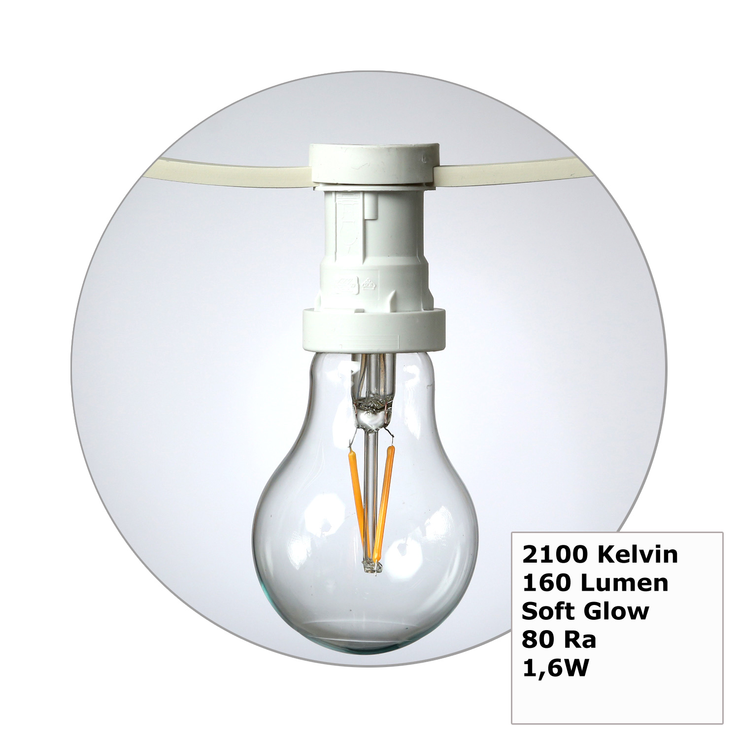 Illu-/Partylichterkette 30m - Außenlichterkette weiß - Made in Germany- 50 Edison LED Filamentlampen