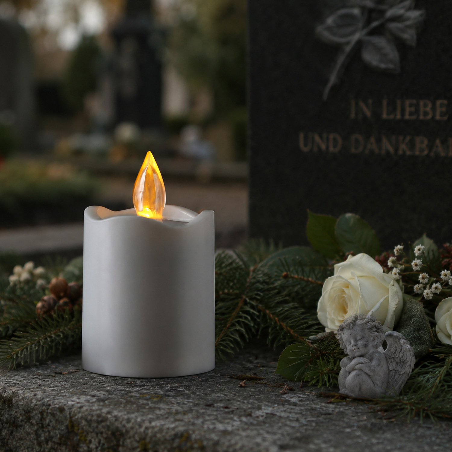 LED Grabkerze - Grablicht - Sensor - gelb flackernde LED - H: 9,5cm D:6cm - 2500h Leuchtdauer - weiß
