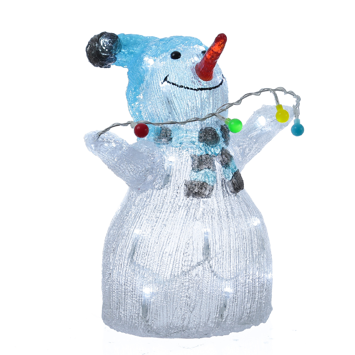 LED Schneemann mit Lichterkette - Acrylfigur - 30 kaltweiße LED - H: 30cm - Timer - für Außen