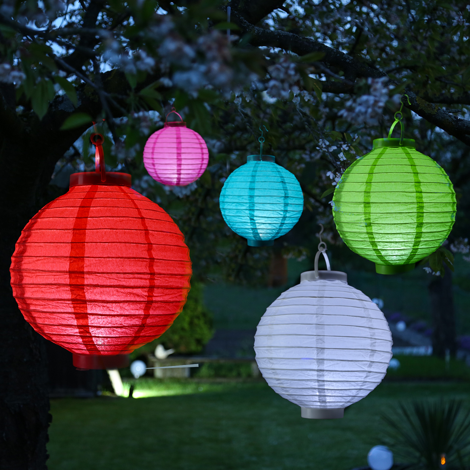 LED Lampion FESTIVAL - kaltweiße LED - D: 20cm - Montagehaken - 5er Set bunt