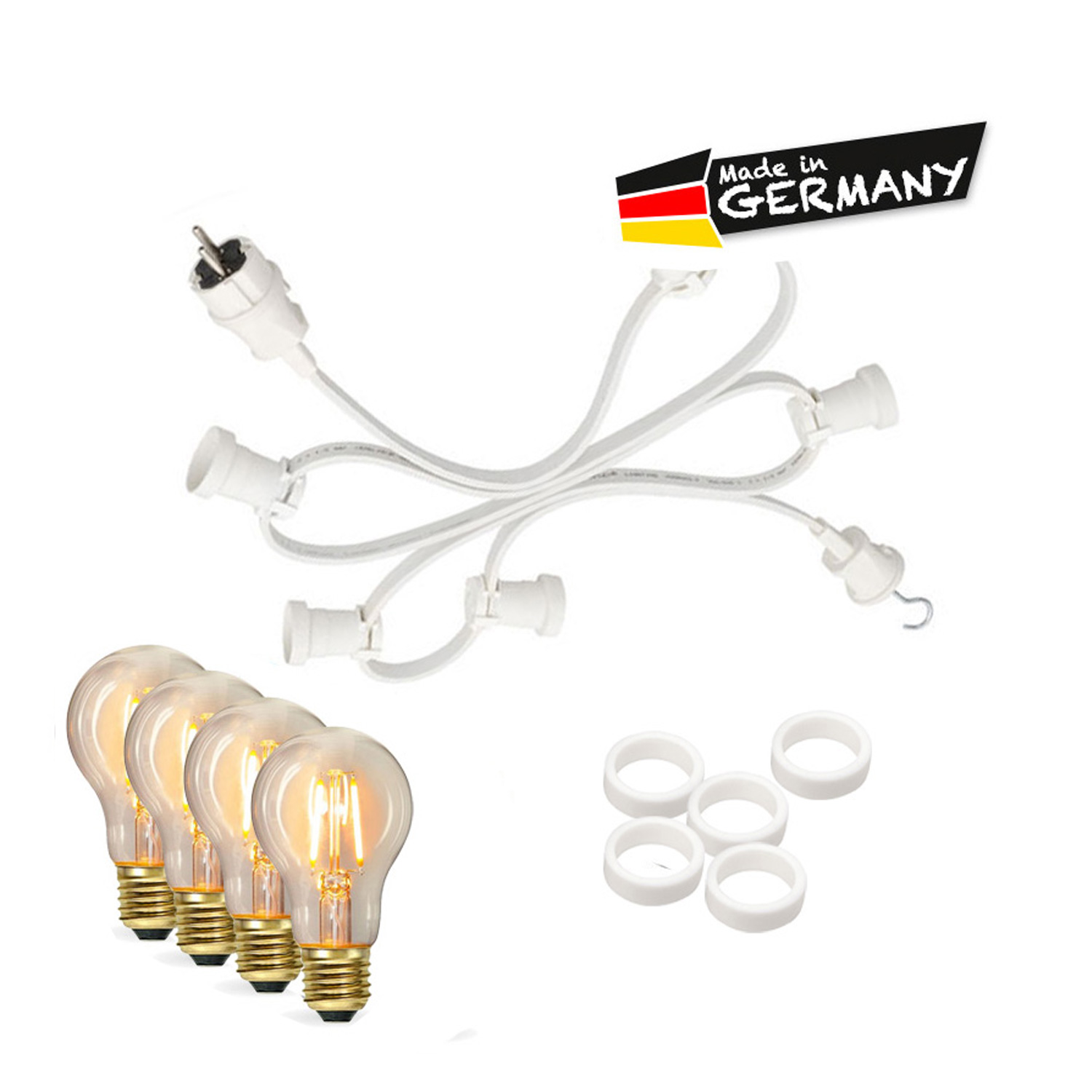 Illu-/Partylichterkette 10m - Außenlichterkette weiß - Made in Germany- 10 Edison LED Filamentlampen Illu-/Partylichterkette 10m - Außenlichterkette weiß - Made in Germany- 10 Edison LED Filamentlampen