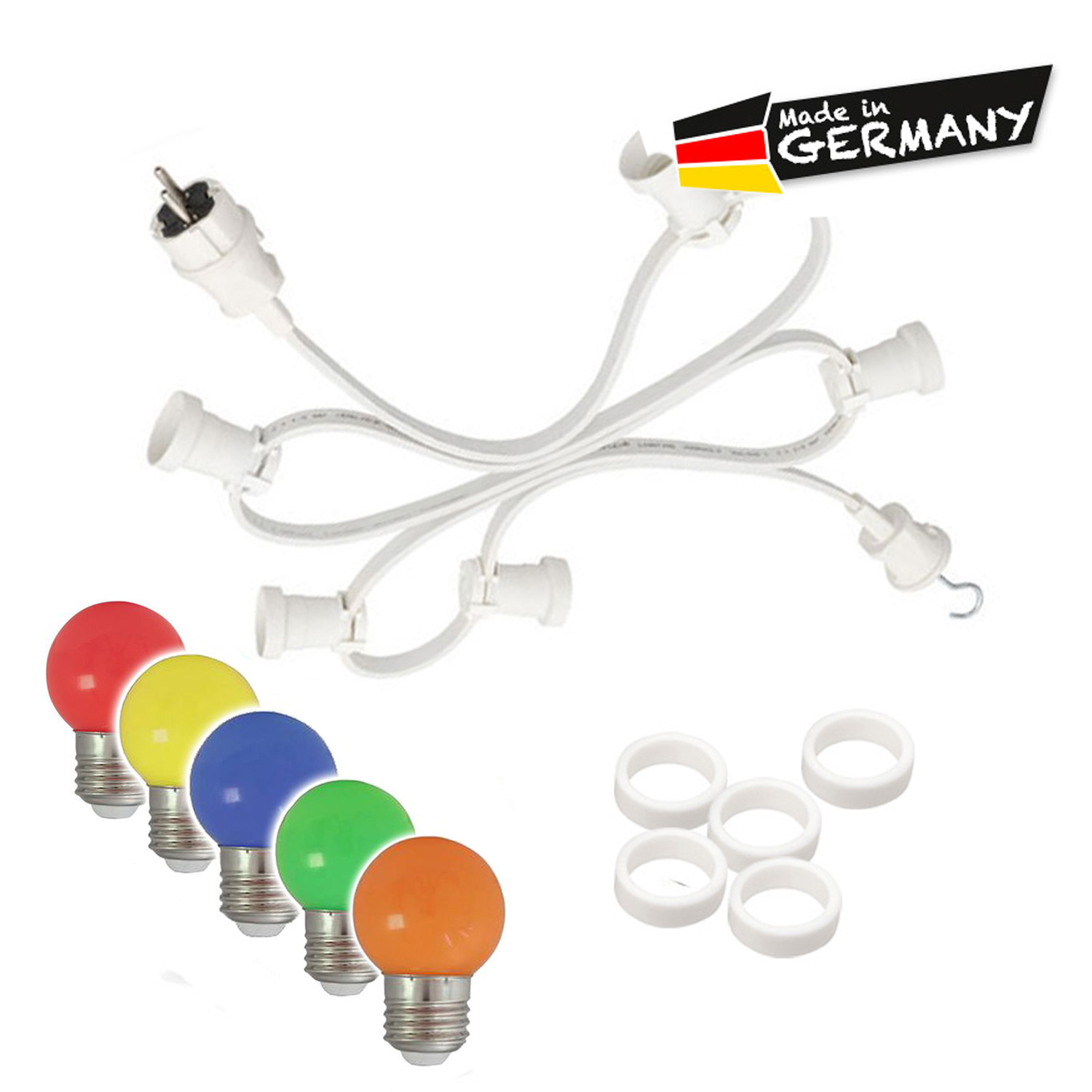 Illu-/Partylichterkette 30m - Außenlichterkette weiß - Made in Germany - 30 x bunte LED Kugellampen Illu-/Partylichterkette 30m - Außenlichterkette weiß - Made in Germany - 30 x bunte LED Kugellampen