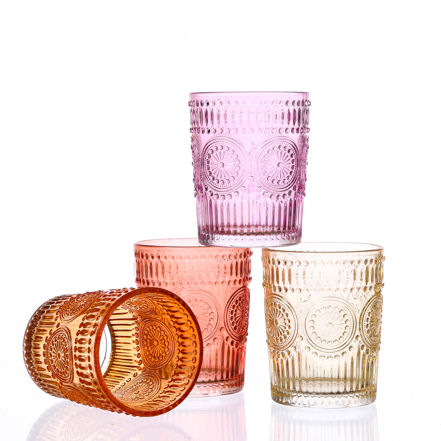 Trinkglas Vintage - Glas - lebensmittelecht - 280ml - H: 10cm - mit Muster - orange