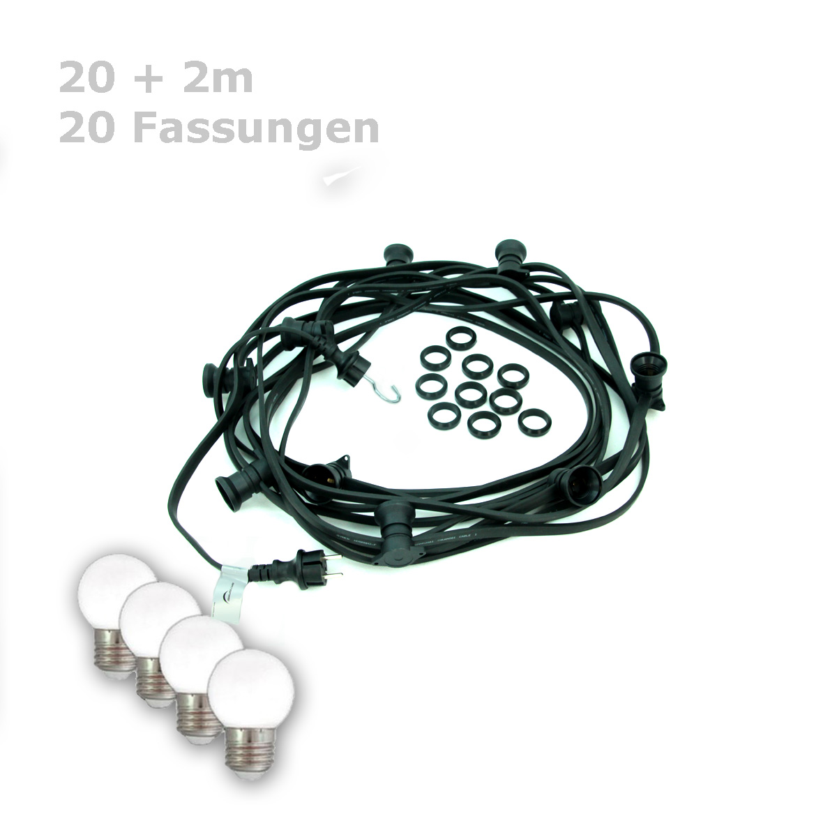 ILLU-Lichterkette BLACKY - 20m - 20xE27 | IP44 | kleine bruchfeste Tropfenlampen hellweiß | SATISFIRE ILLU-Lichterkette BLACKY - 20m - 20xE27 | IP44 | kleine bruchfeste Tropfenlampen hellweiß | SATISFIRE