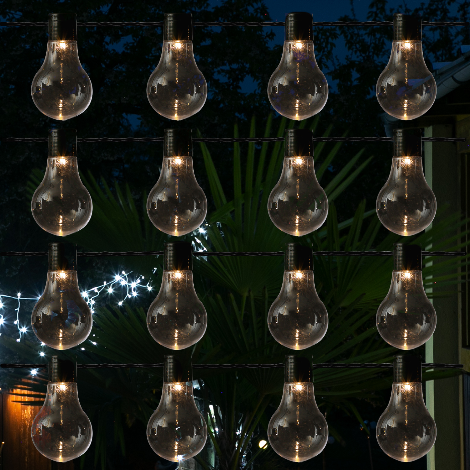 LED Party Lichterkette - 16 transparente Glühbirnen - warmweiße LED - 4,5m - Außentrafo - schwarz