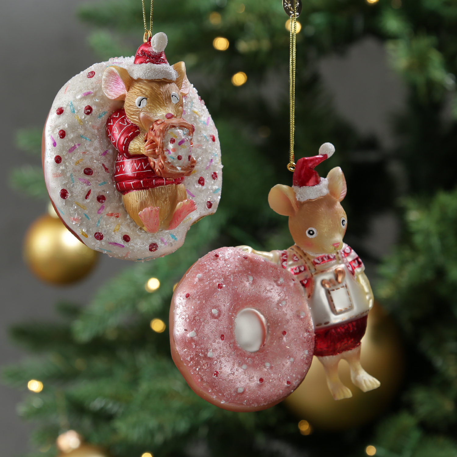 Weihnachtsbaumschmuck Mäuschen mit Donut - Christbaumschmuck - Glas - H: 11,5cm