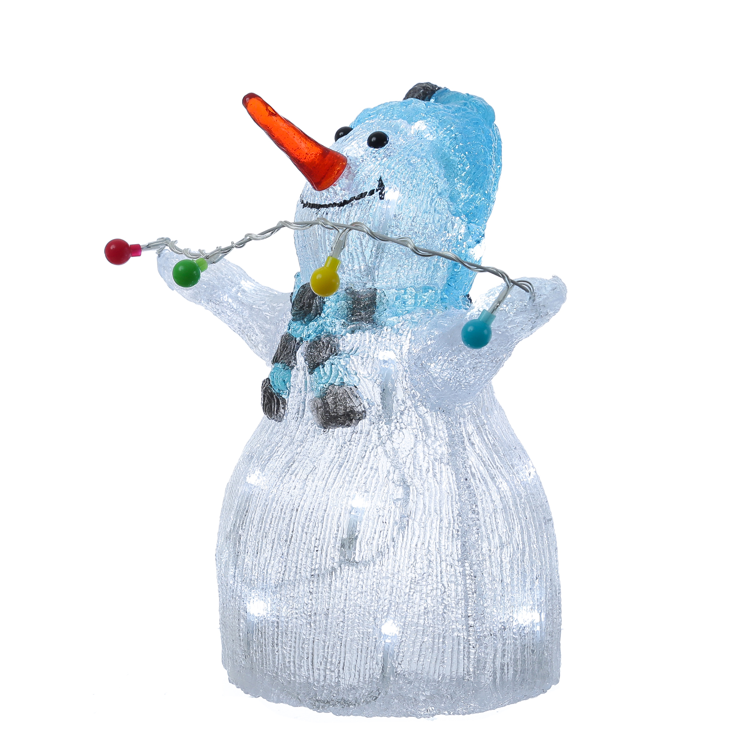 LED Schneemann mit Lichterkette - Acrylfigur - 30 kaltweiße LED - H: 30cm - Timer - für Außen