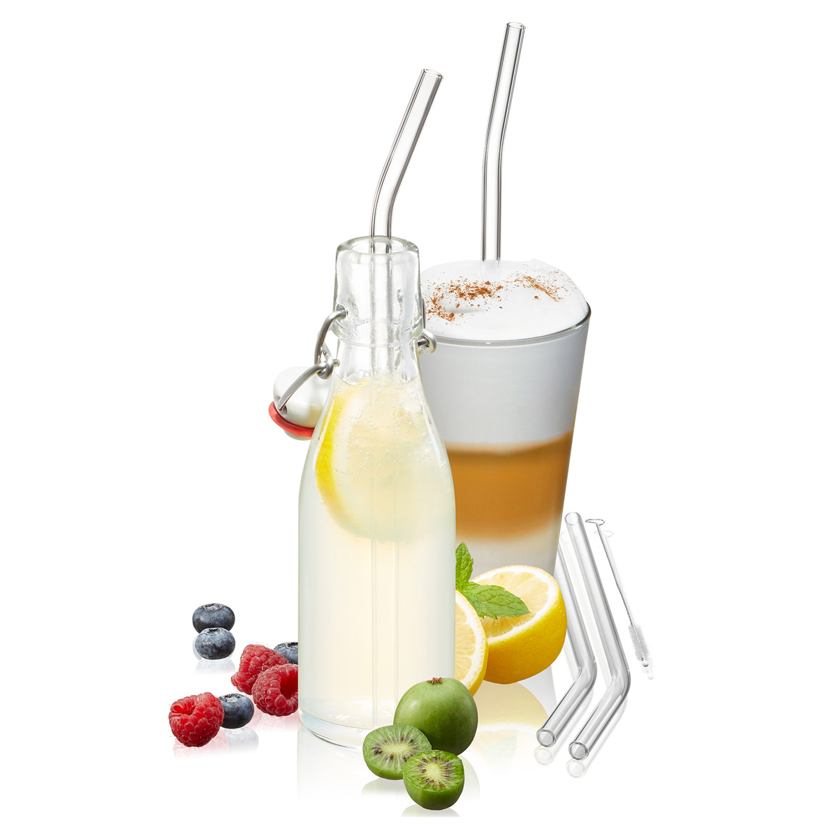 Glastrinkhalme 4er Set FUTURE - 23cm, gebogene Version, transparent - mit Bürste Glastrinkhalme 4er Set FUTURE - 23cm, gebogene Version, transparent - mit Bürste