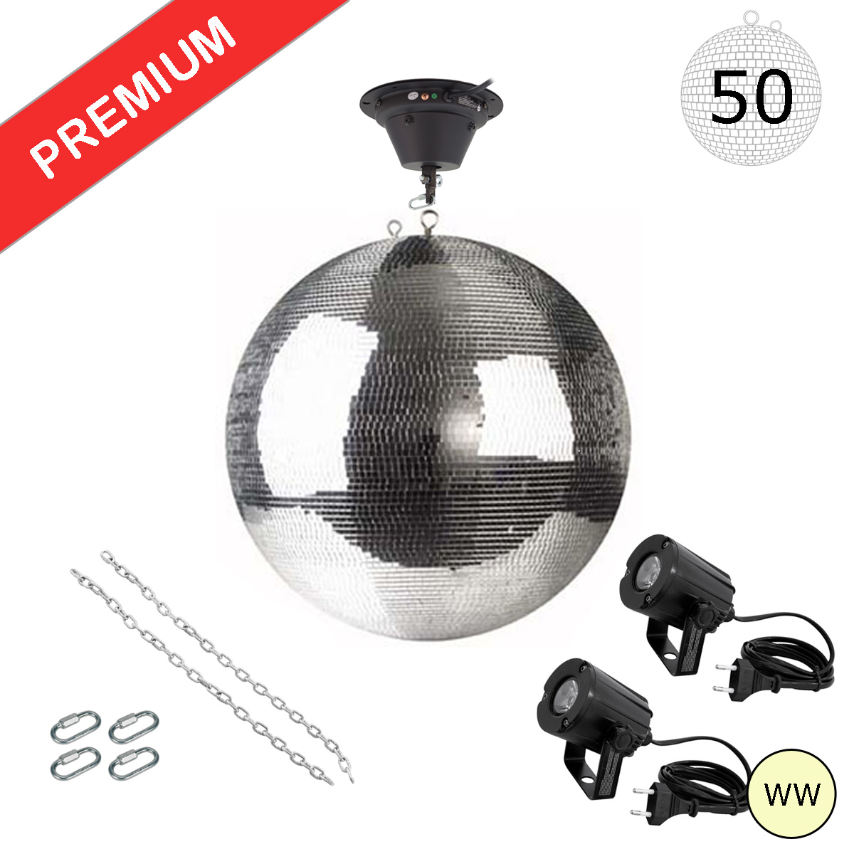 Spiegelkugel Komplettset - Discokugel, Motor, Pinspot, Montagematerial für Diskokugel - Mirrorball Set - Partyset Spiegelkugel Komplettset - Discokugel, Motor, Pinspot, Montagematerial für Diskokugel - Mirrorball Set - Partyset