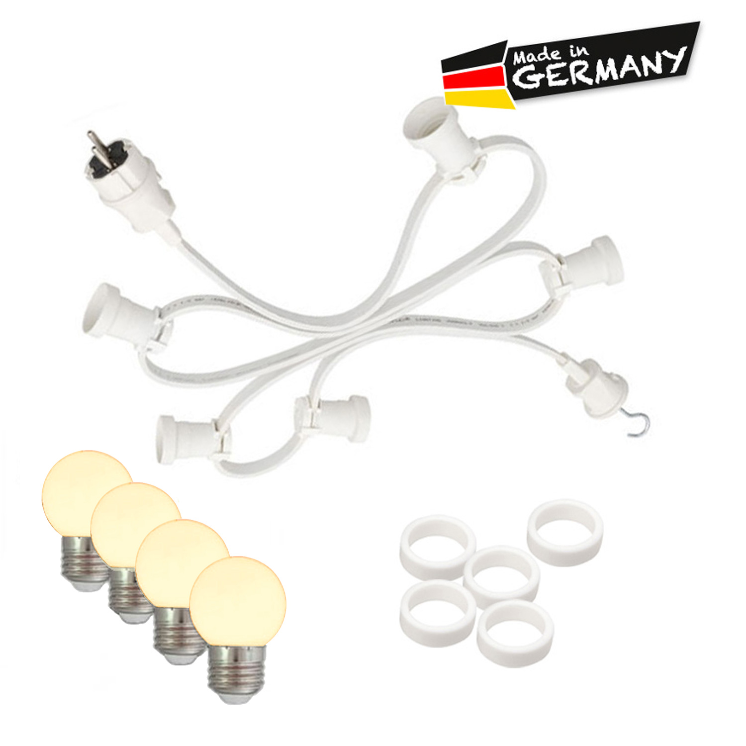 Illu-/Partylichterkette 5m - Außenlichterkette weiß - Made in Germany 5 warmweiße LED Kugellampen Illu-/Partylichterkette 5m - Außenlichterkette weiß - Made in Germany 5 warmweiße LED Kugellampen