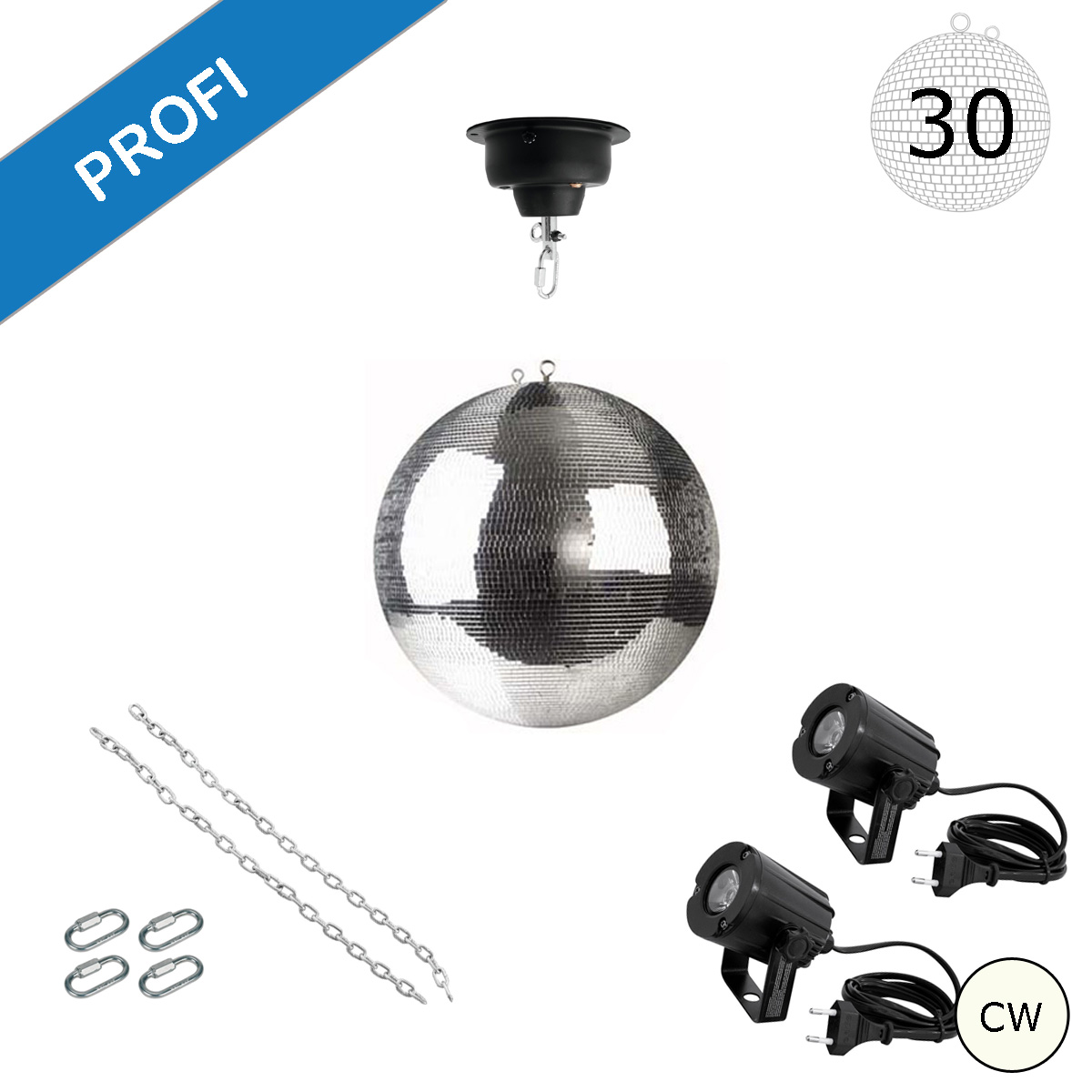 Spiegelkugel Komplettset - Discokugel, Motor, Pinspot, Montagematerial für Diskokugel - Mirrorball Set - Partyset Spiegelkugel Komplettset - Discokugel, Motor, Pinspot, Montagematerial für Diskokugel - Mirrorball Set - Partyset