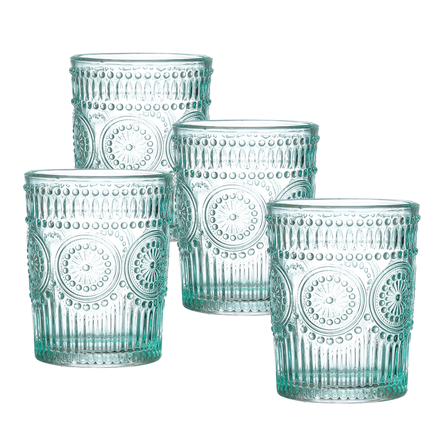 Trinkgläser Vintage - Glas - lebensmittelecht - 280ml - H: 10cm - mit Muster - blau - 4er Set