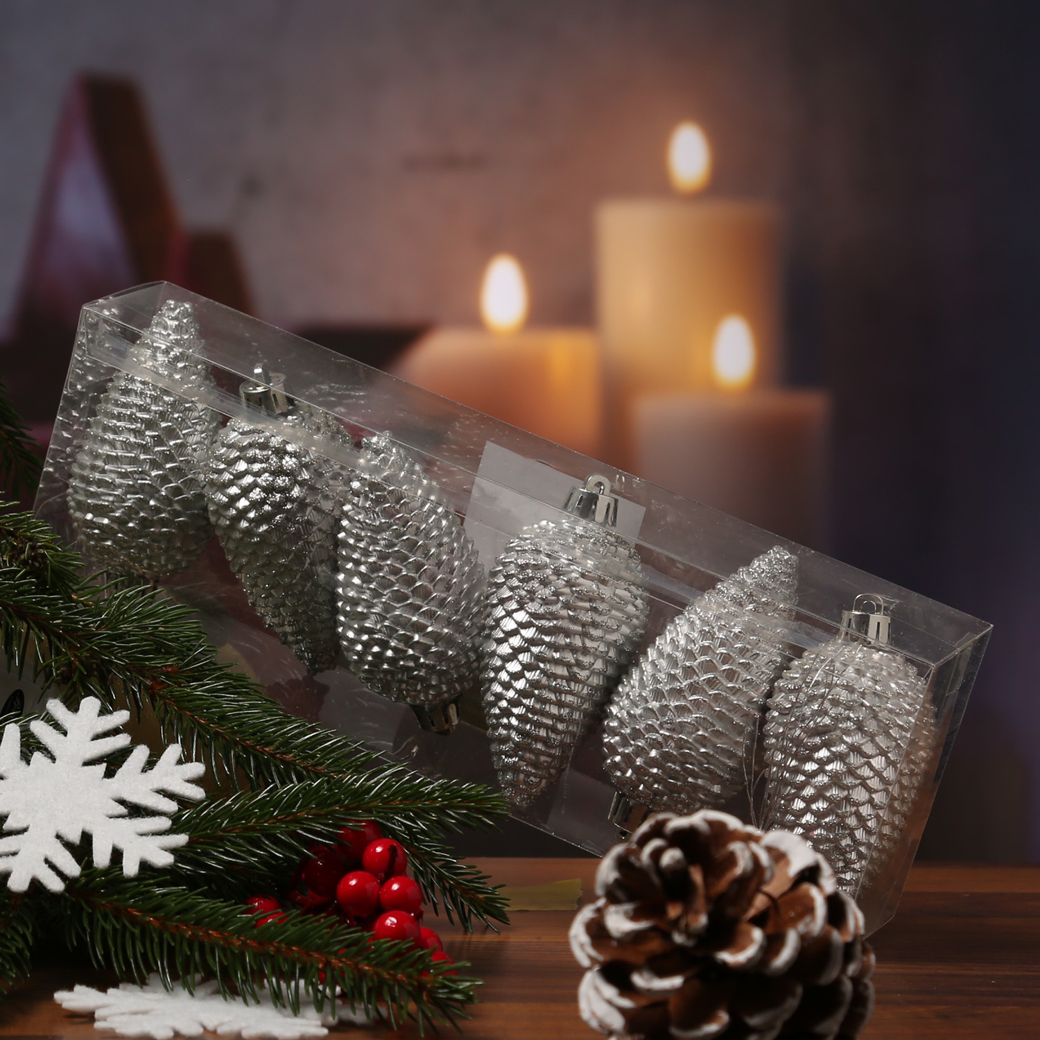 Christbaumschmuck ZAPFEN - Weihnachtsbaumschmuck - bruchfest - glitzernd - H: 8cm - silber - 6er Set