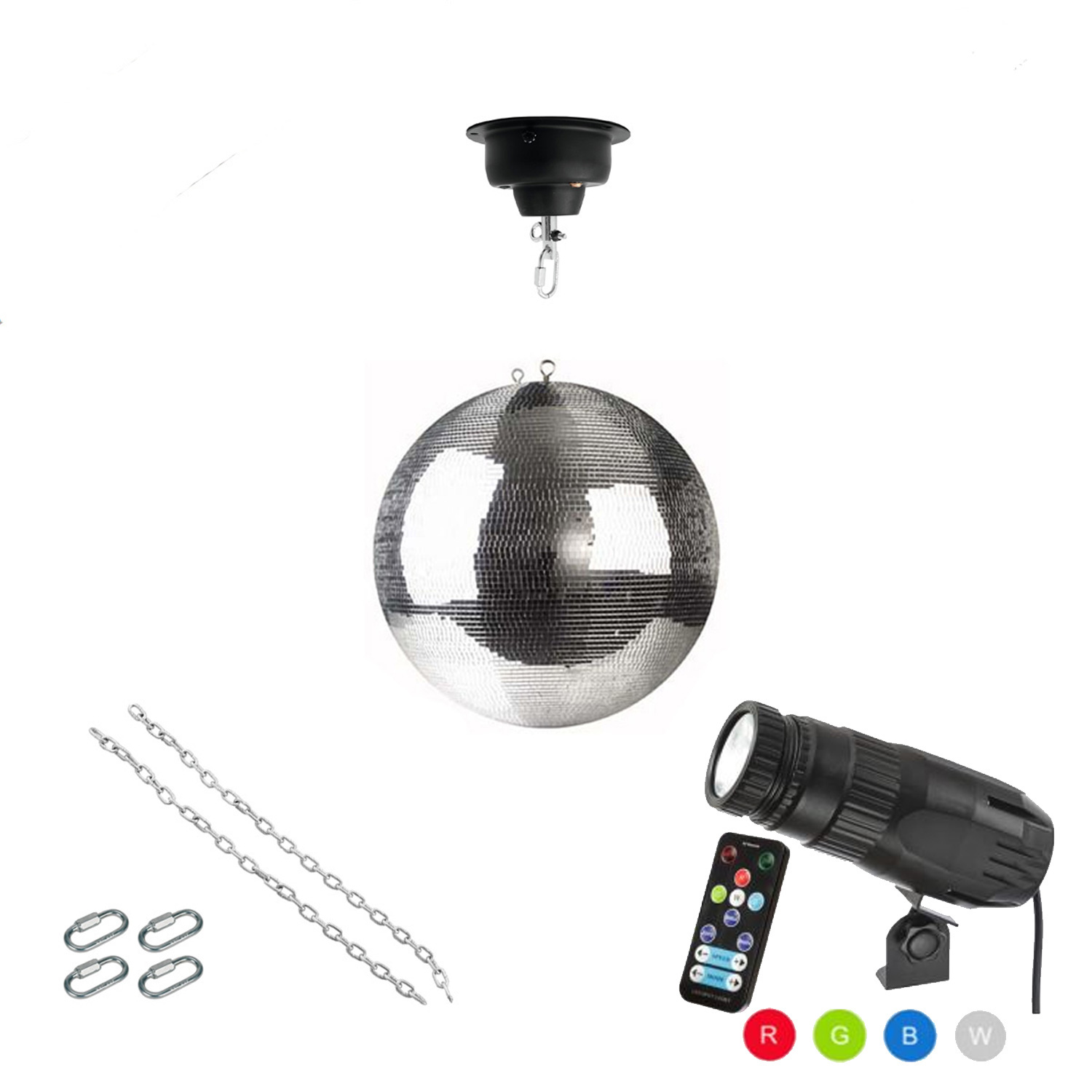 Spiegelkugel Komplettset 30cm mit Motor, 9W LED Pinspot (RGB) und Montagematerial PROFI Spiegelkugel Komplettset 30cm mit Motor, 9W LED Pinspot (RGB) und Montagematerial PROFI