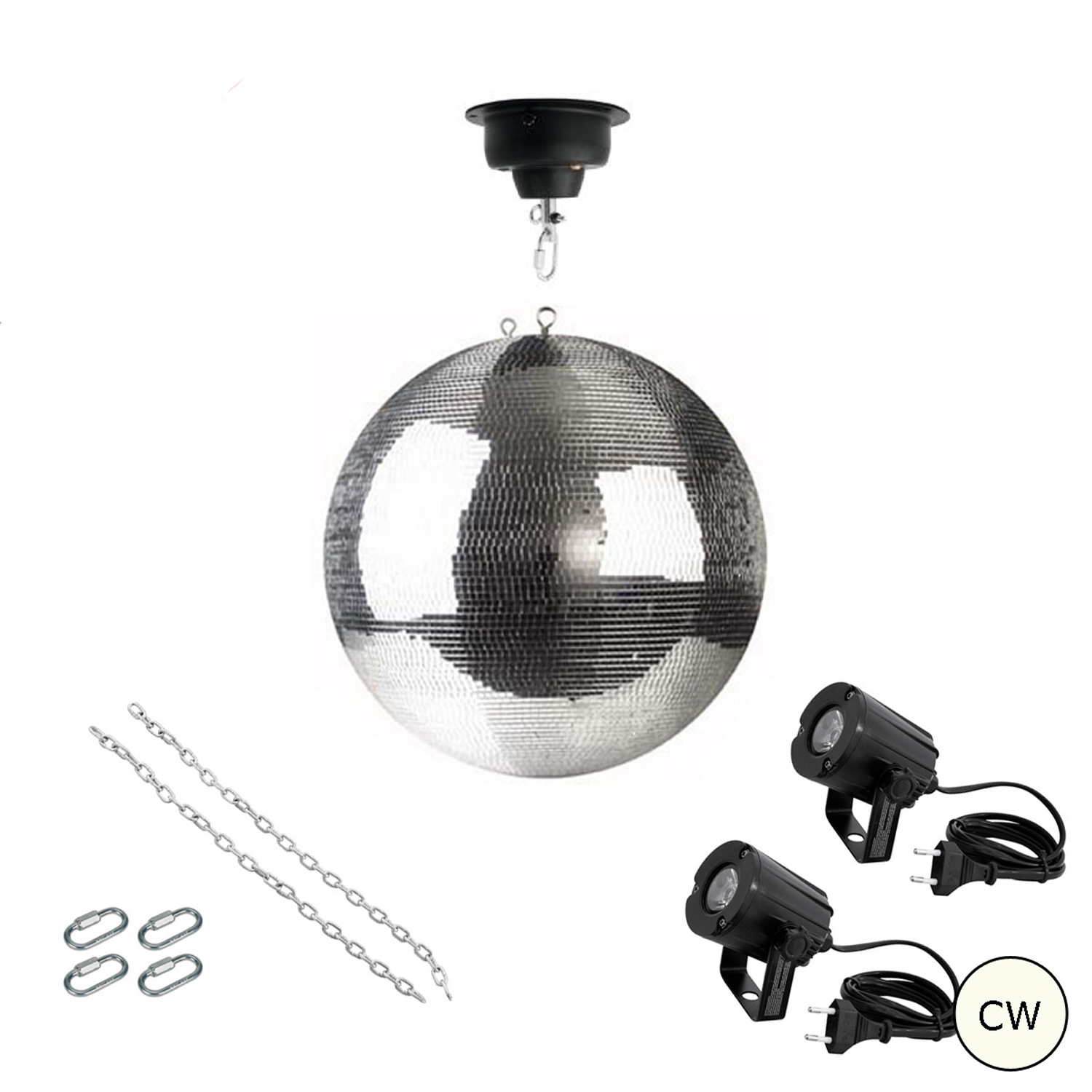 Spiegelkugel Komplettset 40cm - Discokugel, Motor, Pinspot, Montagematerial für Diskokugel - Mirrorball Set - Partyset Spiegelkugel Komplettset 40cm - Discokugel, Motor, Pinspot, Montagematerial für Diskokugel - Mirrorball Set - Partyset