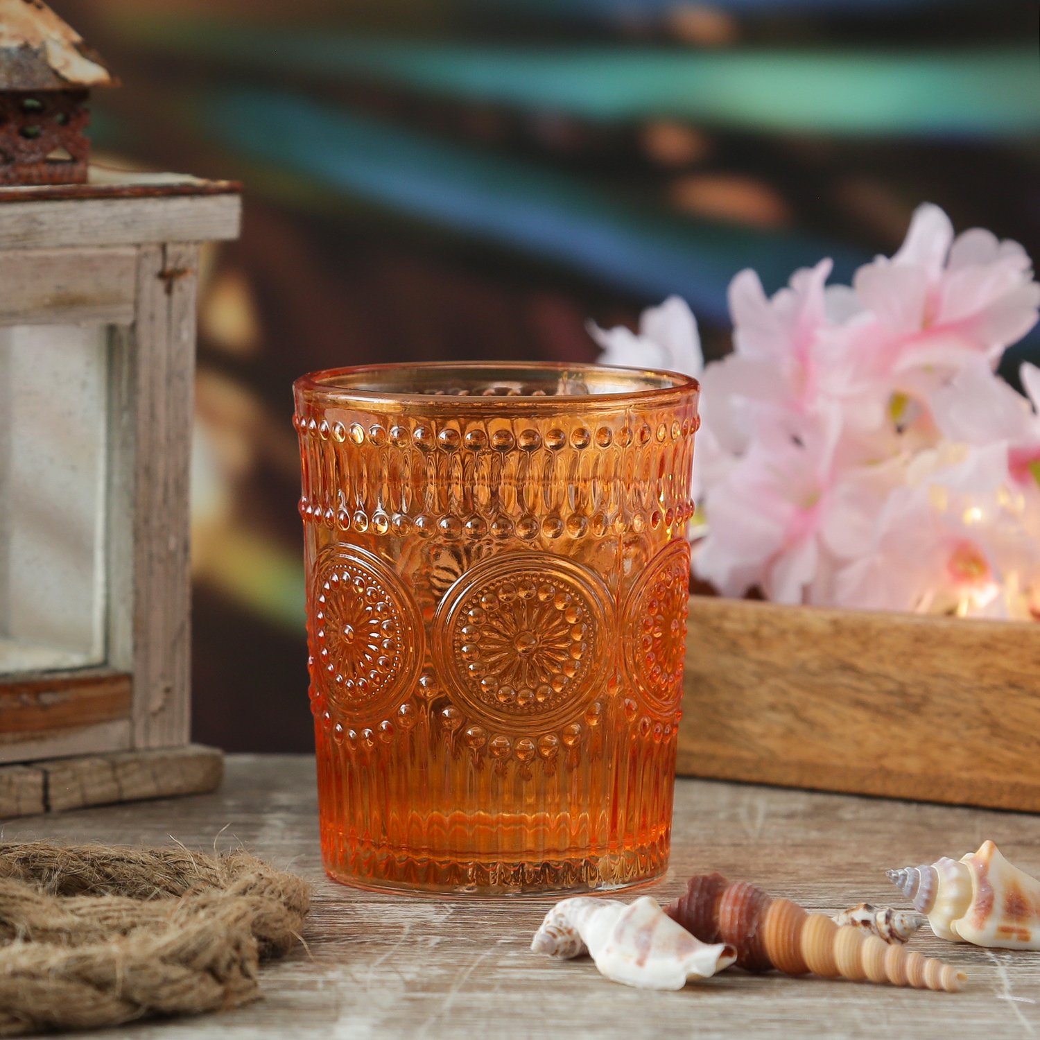 Trinkglas Vintage - Glas - lebensmittelecht - 280ml - H: 10cm - mit Muster - orange