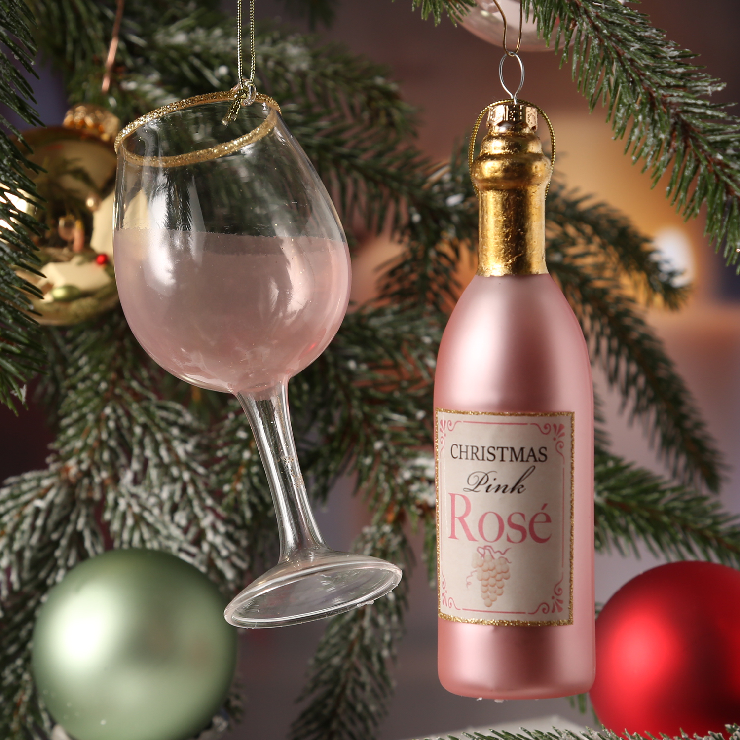 Weihnachtsbaumschmuck ROSÉWEIN - Glas - inkl. Aufhänger - rosa, gold - 2er Set