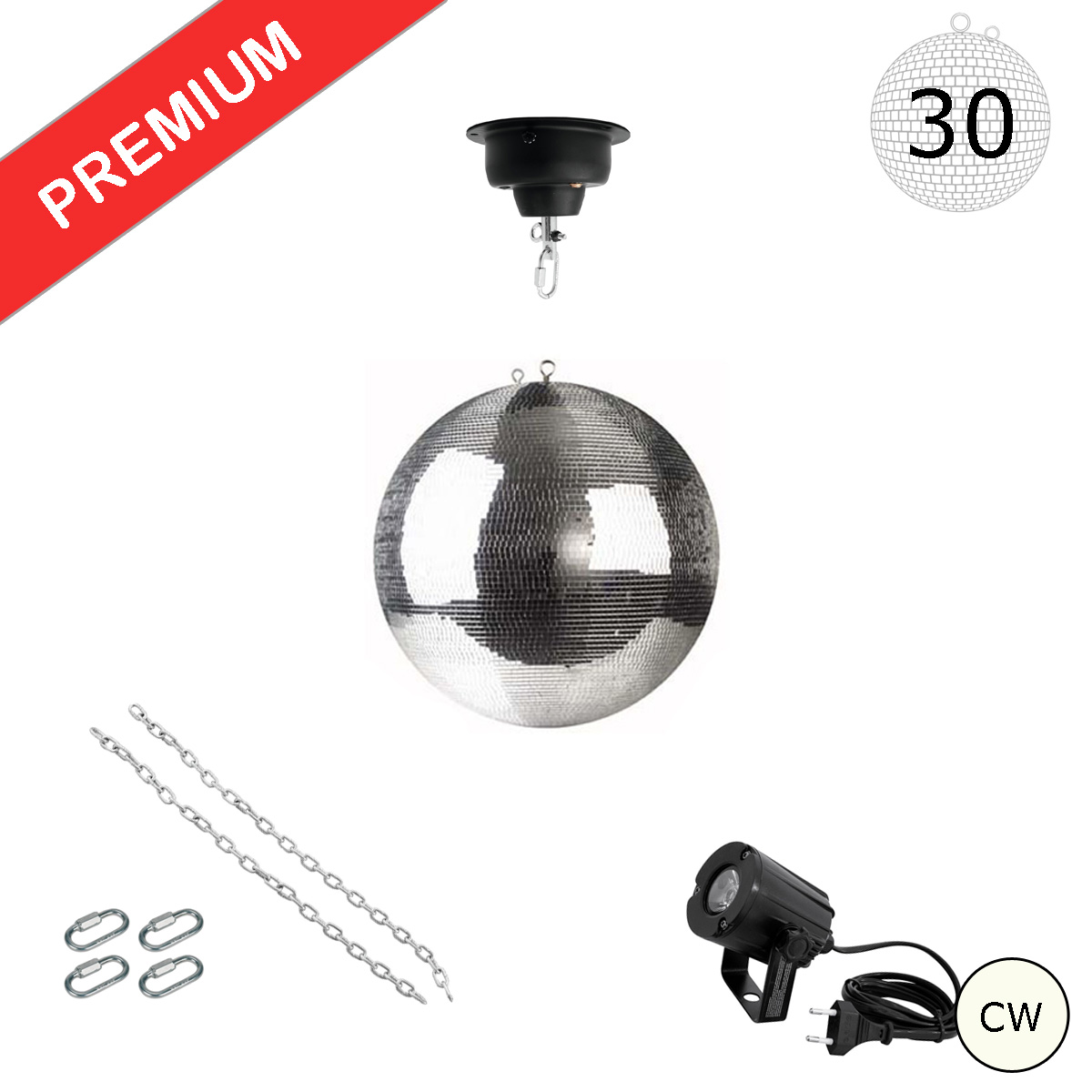 Spiegelkugel Komplettset - Discokugel, Motor, Pinspot, Montagematerial für Diskokugel - Mirrorball Set - Partyset Spiegelkugel Komplettset - Discokugel, Motor, Pinspot, Montagematerial für Diskokugel - Mirrorball Set - Partyset