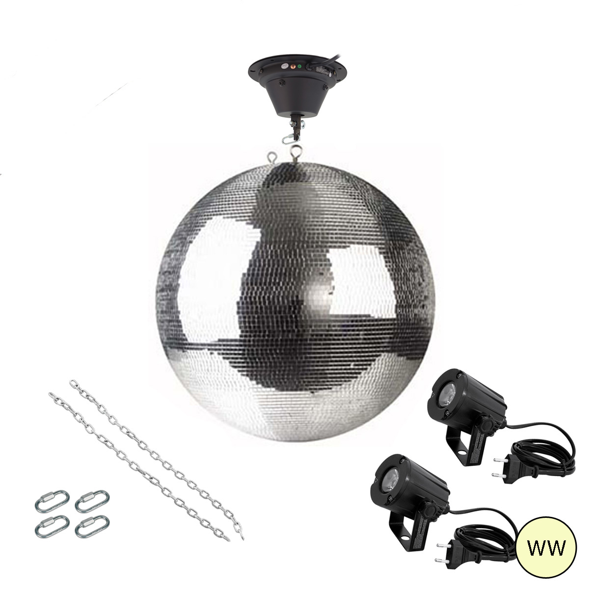 Spiegelkugel Komplettset - Discokugel, Motor, Pinspot, Montagematerial für Diskokugel - Mirrorball Set - Partyset Spiegelkugel Komplettset - Discokugel, Motor, Pinspot, Montagematerial für Diskokugel - Mirrorball Set - Partyset