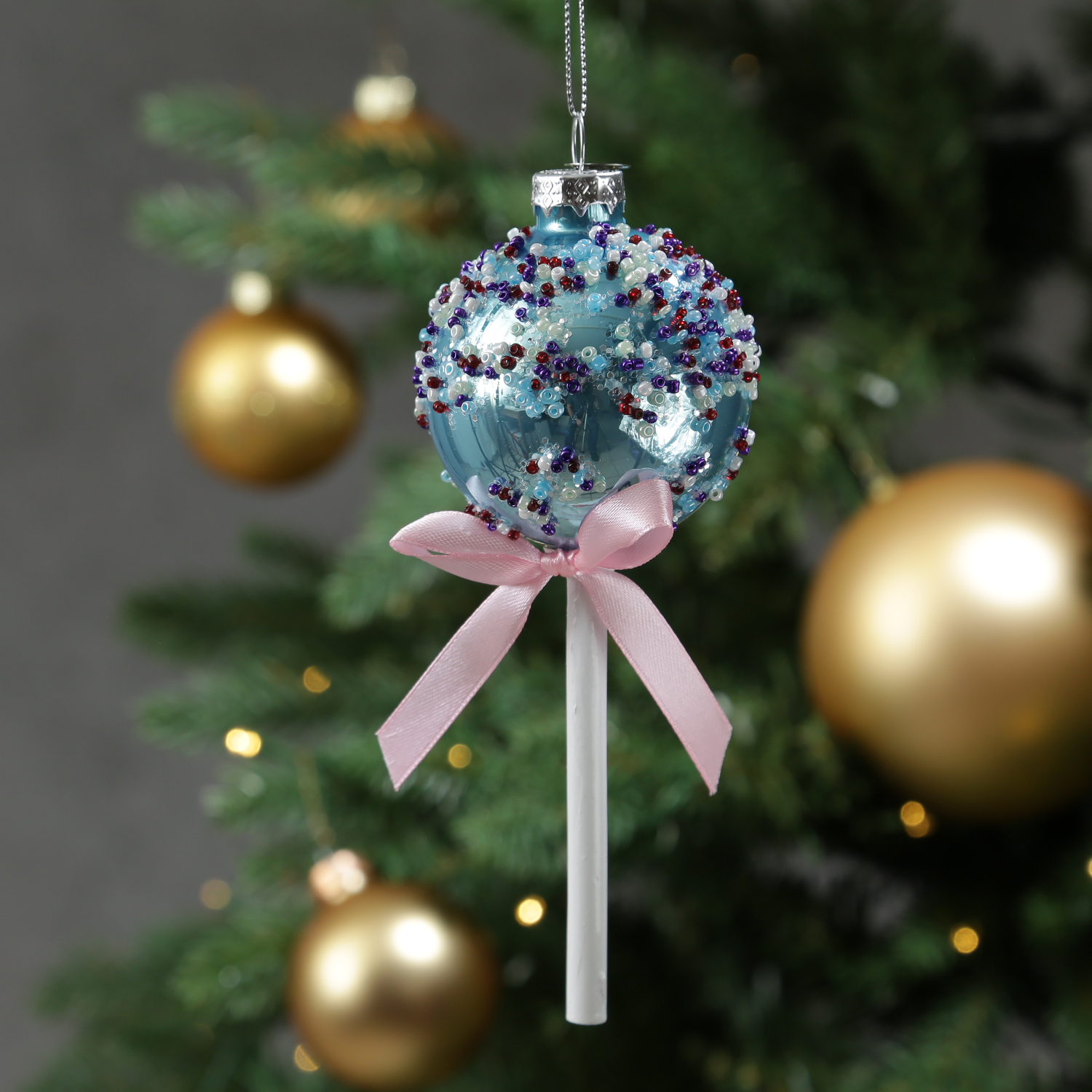 Weihnachtsbaumschmuck Lolli - mit Perlen verziert - Glas - Christbaumschmuck - H: 16cm - blau Weihnachtsbaumschmuck Lolli - mit Perlen verziert - Glas - Christbaumschmuck - H: 16cm - blau