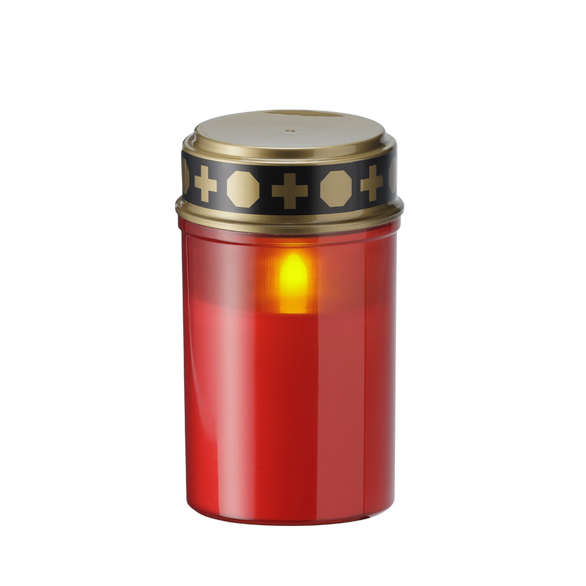 LED Grablicht - Grabkerze - gelb flackernde Flamme - H. 12,5cm - für Außen - rot mit Deckel