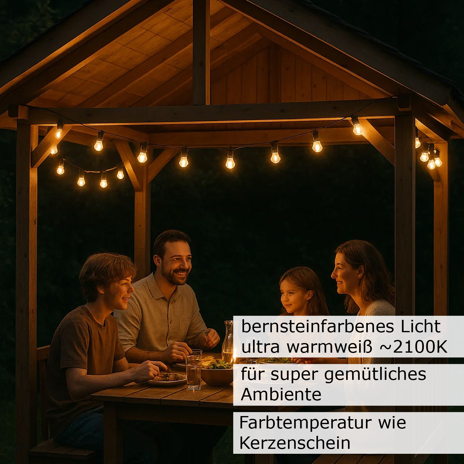 Illu-/Partylichterkette 30m - Außenlichterkette - Made in Germany - 50 ultra-warmweiße LED Kugeln Illu-/Partylichterkette 30m - Außenlichterkette - Made in Germany - 50 ultra-warmweiße LED Kugeln