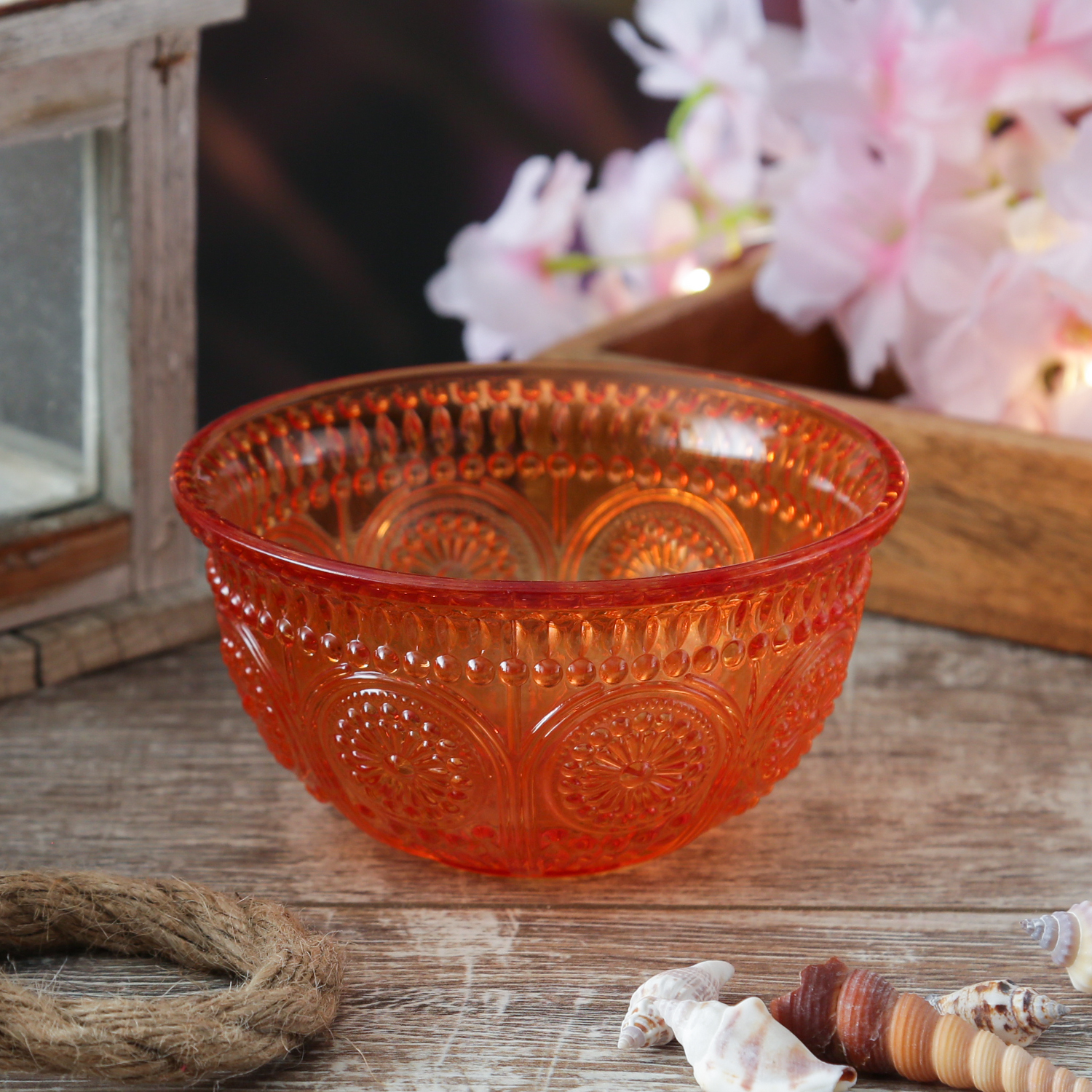 Glasschale Vintage mit Blumenmuster - Dessert/Snack Schüssel - D: 12,7cm - 210ml - Bohostil - orange