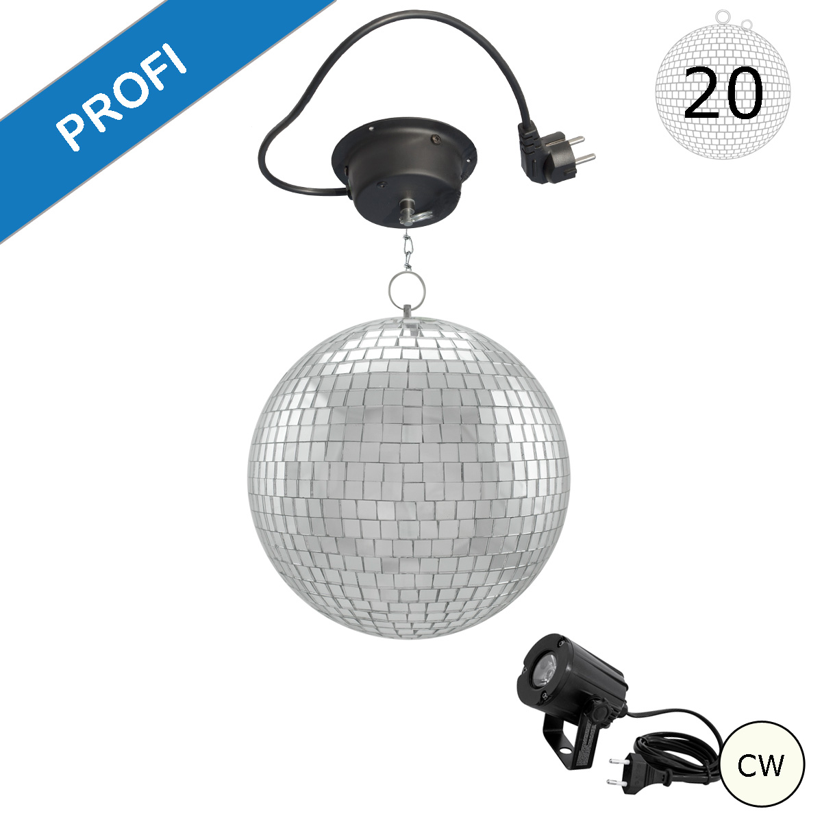 Spiegelkugel Komplettset - Discokugel, Motor, Pinspot, Montagematerial für Diskokugel - Mirrorball Set - Partyset Spiegelkugel Komplettset - Discokugel, Motor, Pinspot, Montagematerial für Diskokugel - Mirrorball Set - Partyset