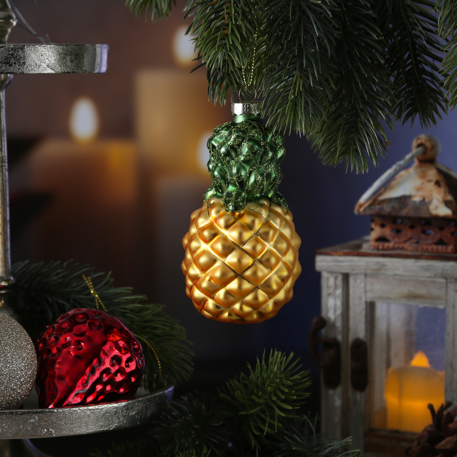 Weihnachtsbaumschmuck Ananas/Erdbeere - Glas - Christbaumschmuck - H: 12cm/9cm