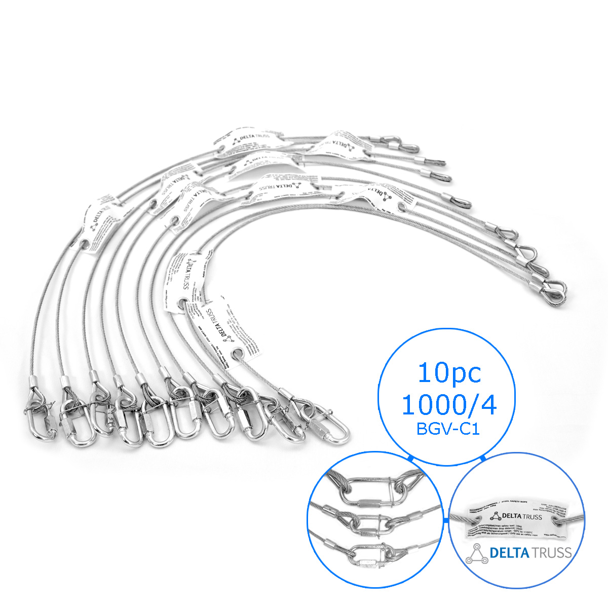 Sicherheitsfangseil 1000x4mm - 10er Set - Safety nach BGV-C1 bis 16kg Safety Stahlseil als Absturzsicherung in der Veranstaltungstechnik - Fallsicherung Sicherheitsfangseil 1000x4mm - 10er Set - Safety nach BGV-C1 bis 16kg Safety Stahlseil als Absturzsicherung in der Veranstaltungstechnik - Fallsicherung
