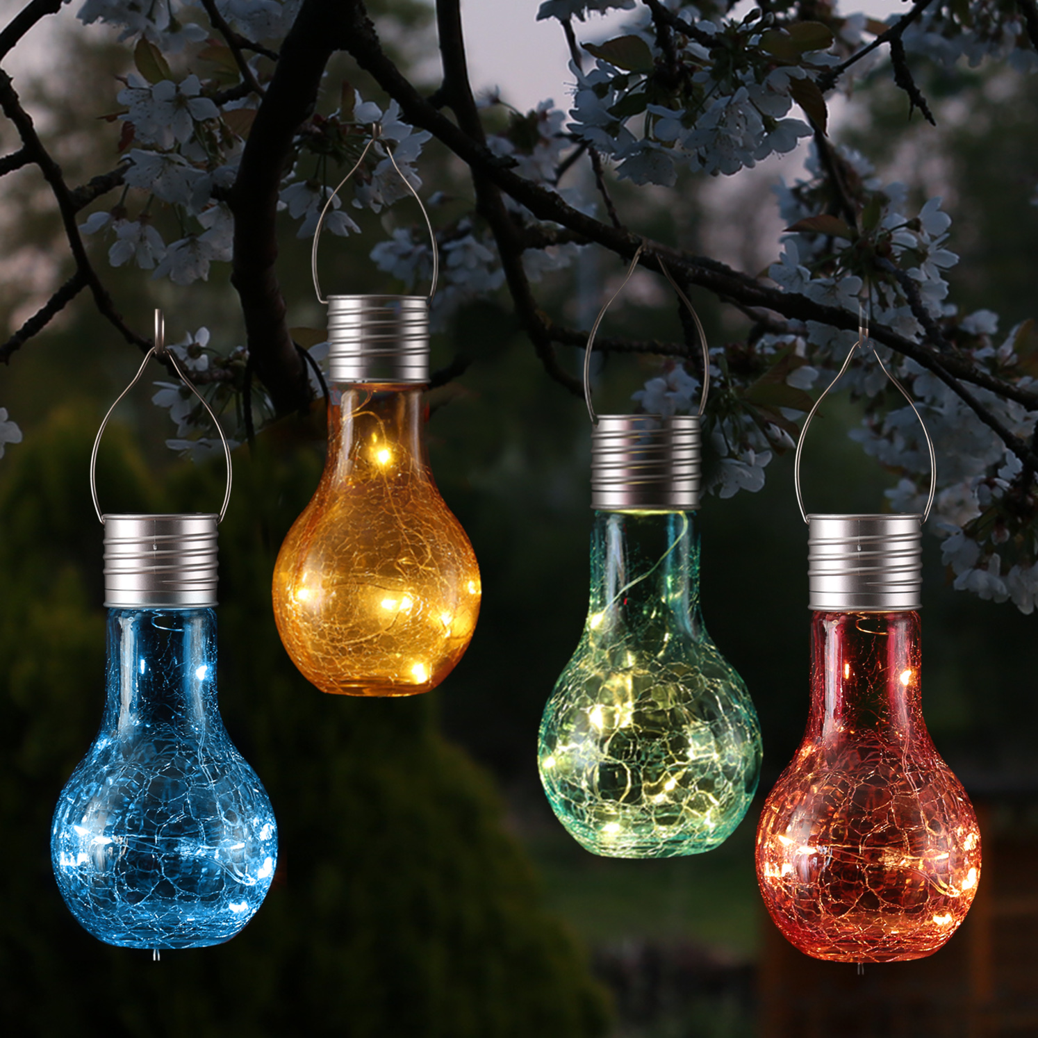 LED Solar Glühbirnen CRACKLE GLOW - warmweiße LED Drahtlichterkette - H: 17cm - bunt - 4er Set