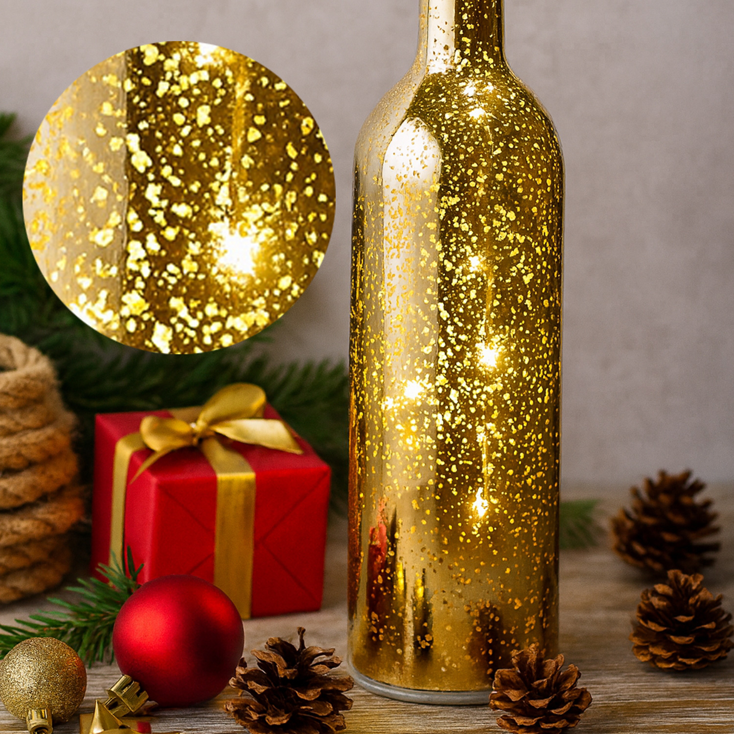 LED Dekoflasche - 8 warmweiße flackernde LED - D 75cm - H 30cm - Batterie - Timer - gold metallic
