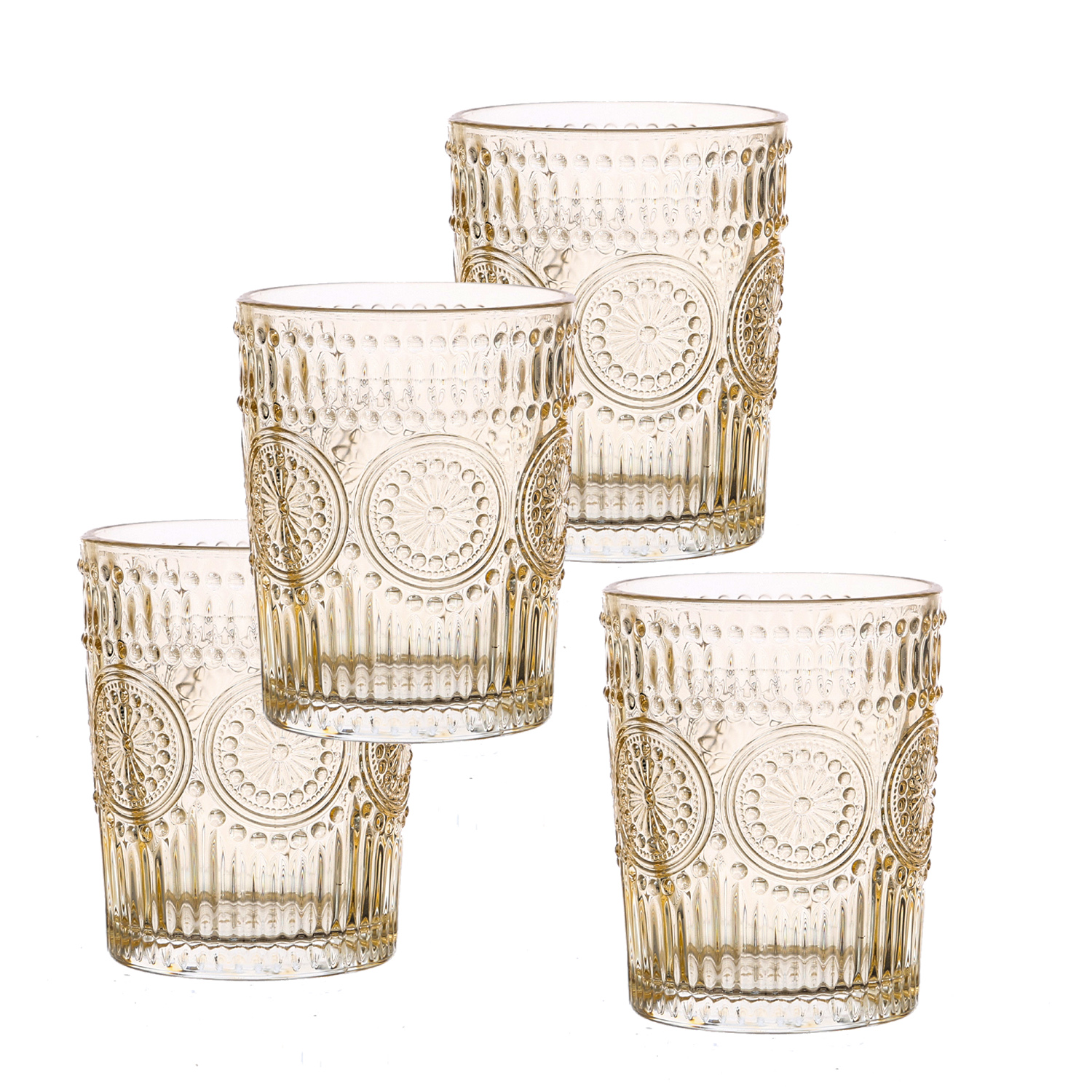 Trinkgläser Vintage - Glas - lebensmittelecht - 280ml - H: 10cm - mit Muster - gelb - 4er Set