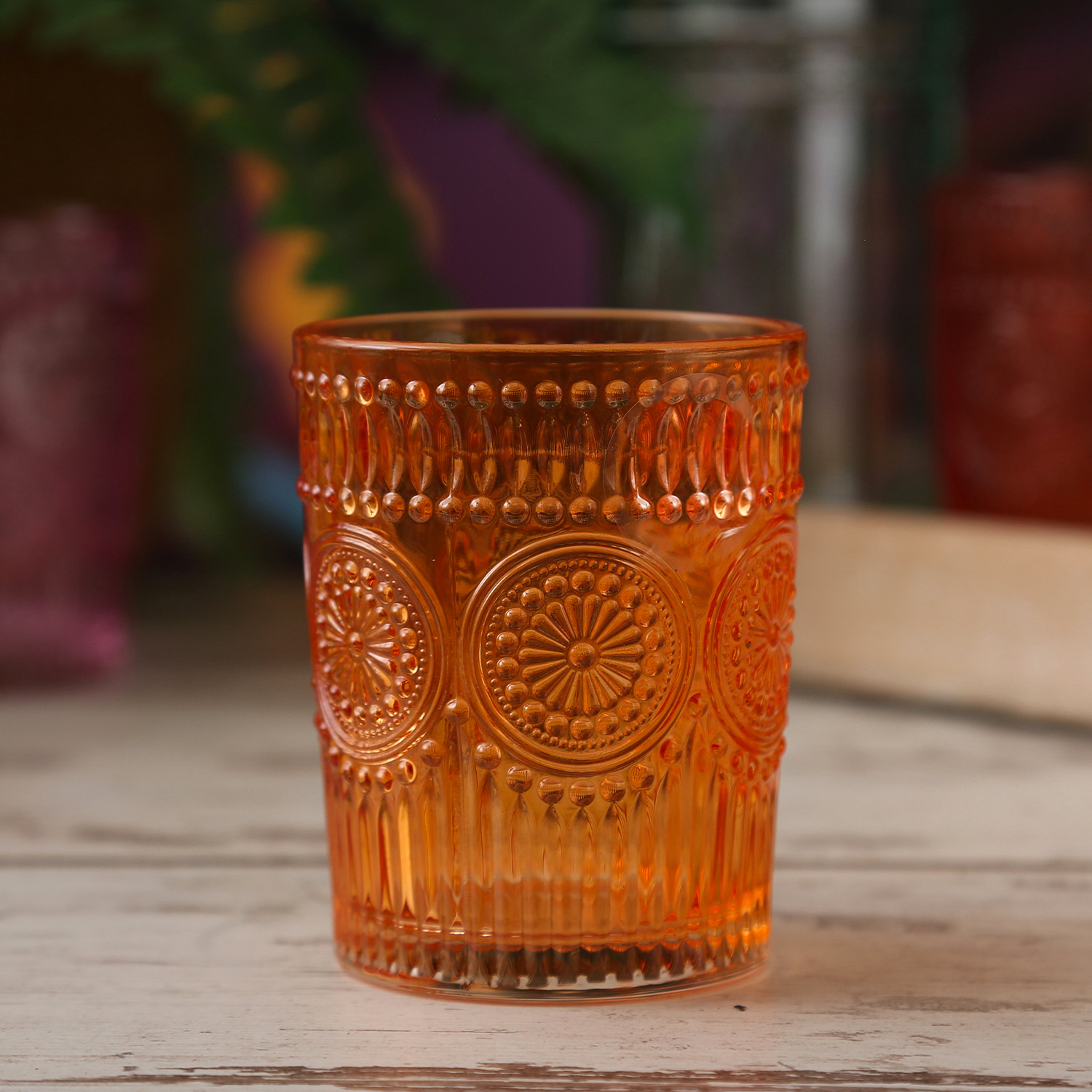 Trinkglas Vintage - Glas - lebensmittelecht - 280ml - H: 10cm - mit Muster - orange