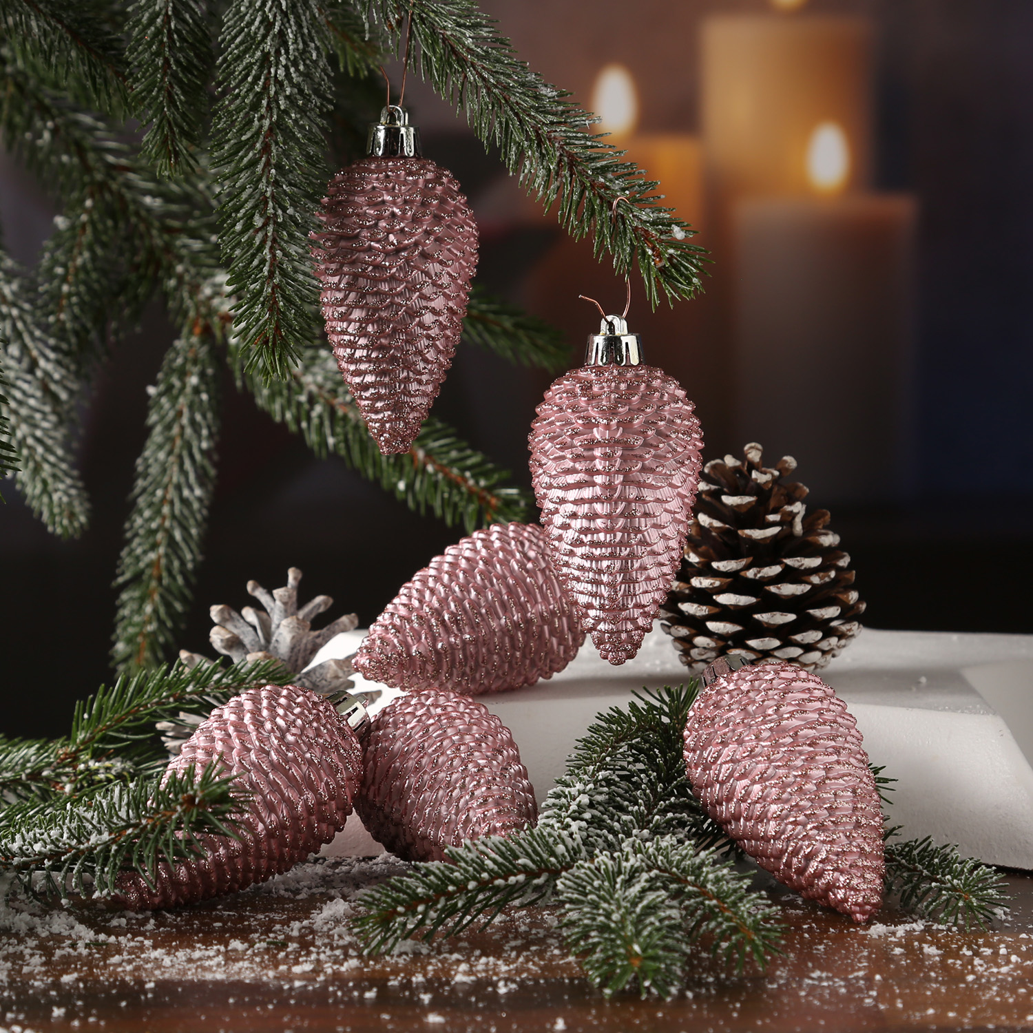 Christbaumschmuck ZAPFEN - Weihnachtsbaumschmuck - bruchfest - glitzernd - H: 8cm - rosa - 6er Set