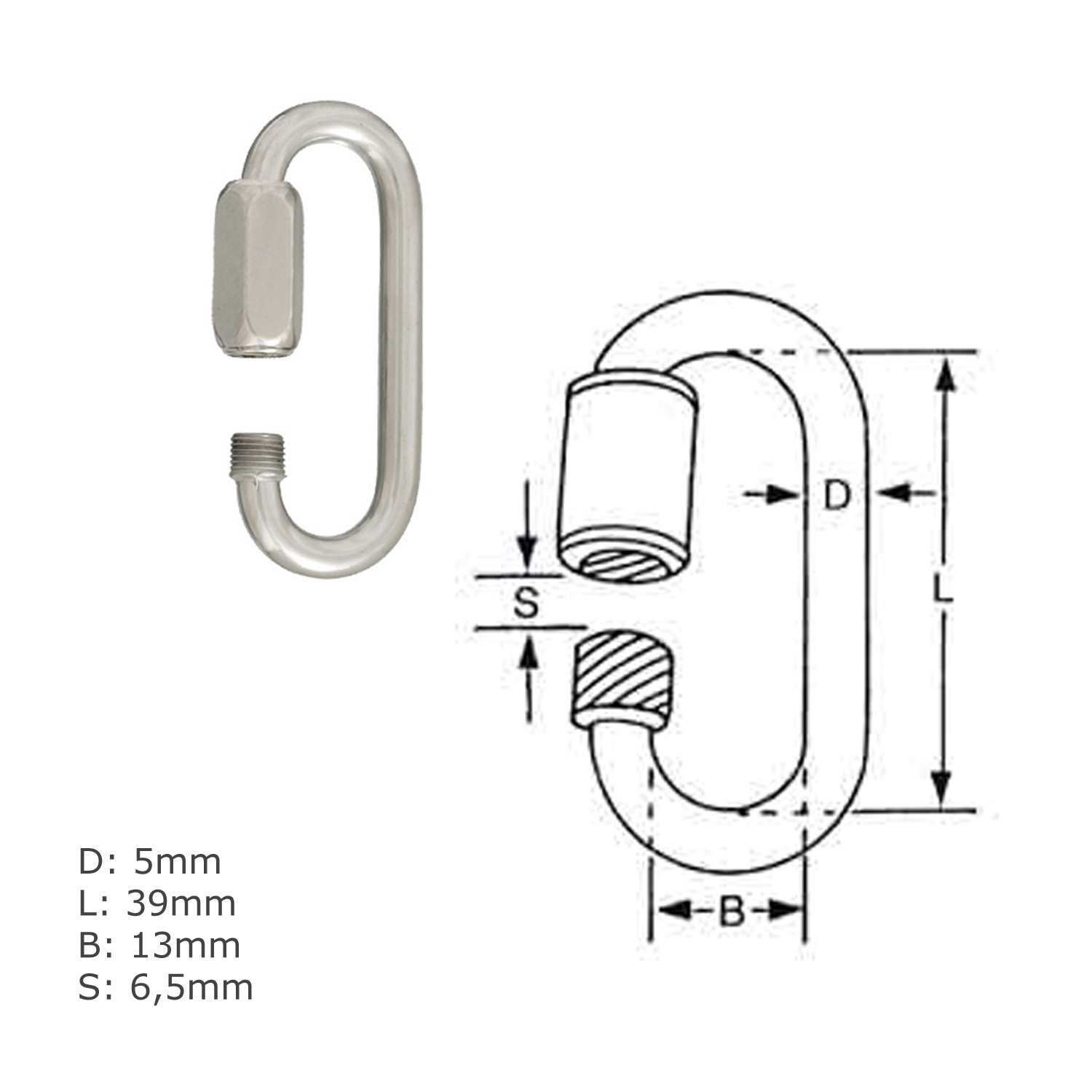 4 x Kettenglied Schnellverschluss 5mm 39x13mm 1,2To, verzinkt