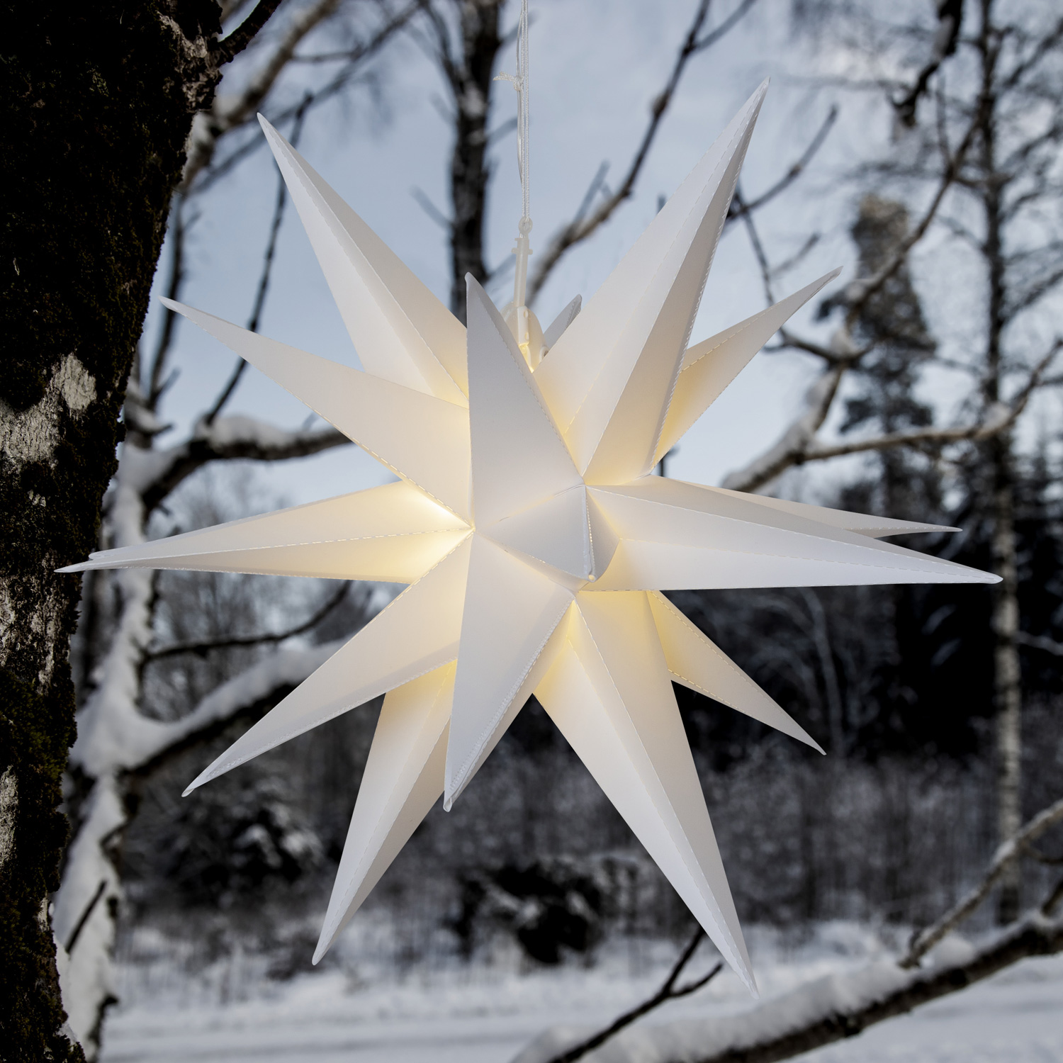 3D Faltstern mit 18 Sternspitzen - hängend - inkl. E27 Leuchtmittel - Timer - für Außen - weiß