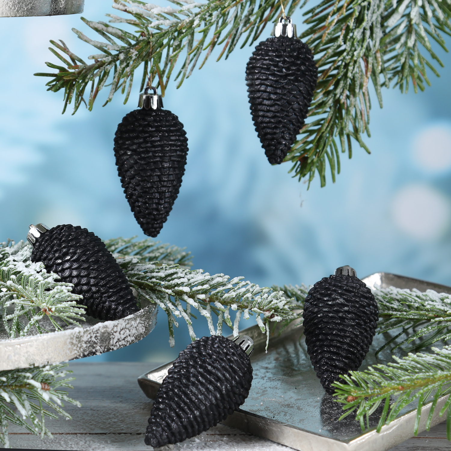 Christbaumschmuck ZAPFEN - Weihnachtsschmuck - bruchfest - glitzernd - H: 8cm - schwarz - 6er Set