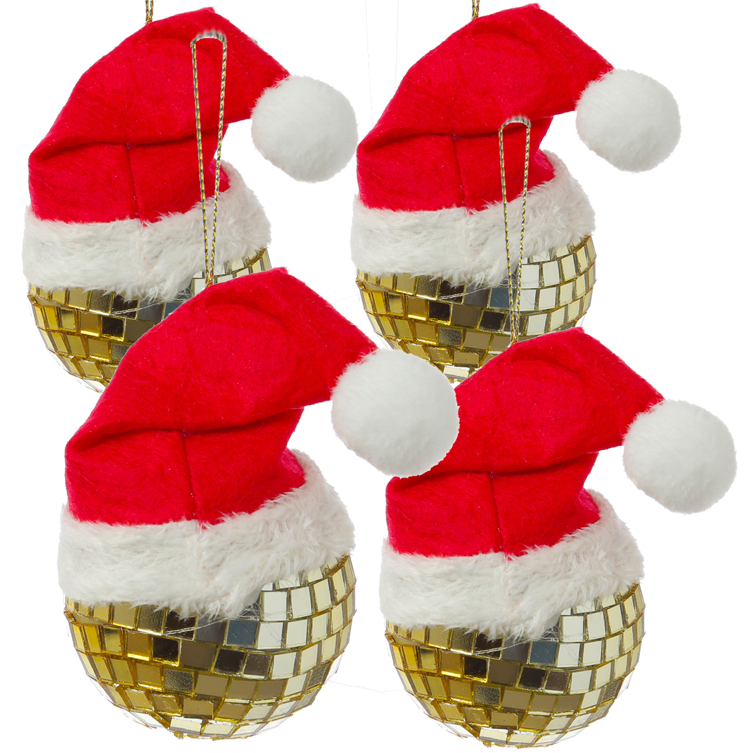 Weihnachtsbaumschmuck DISCOKUGEL mit Nikolausmütze - H: 7cm - gold - 4er Set Weihnachtsbaumschmuck DISCOKUGEL mit Nikolausmütze - H: 7cm - gold - 4er Set