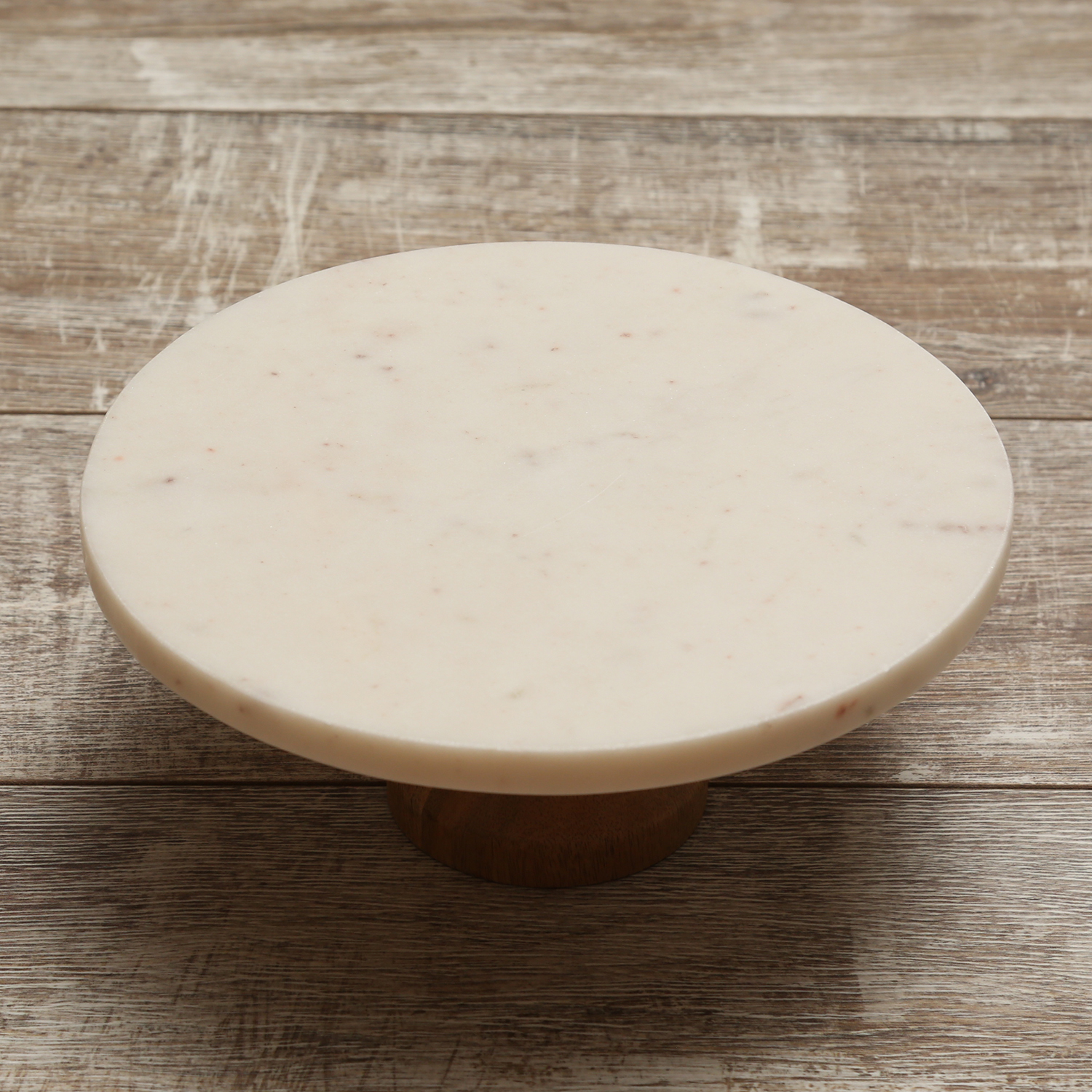 Servierplatte - Tortenplatte - Marmor - mit Holzfuß - H: 10cm - D: 25cm - weiß