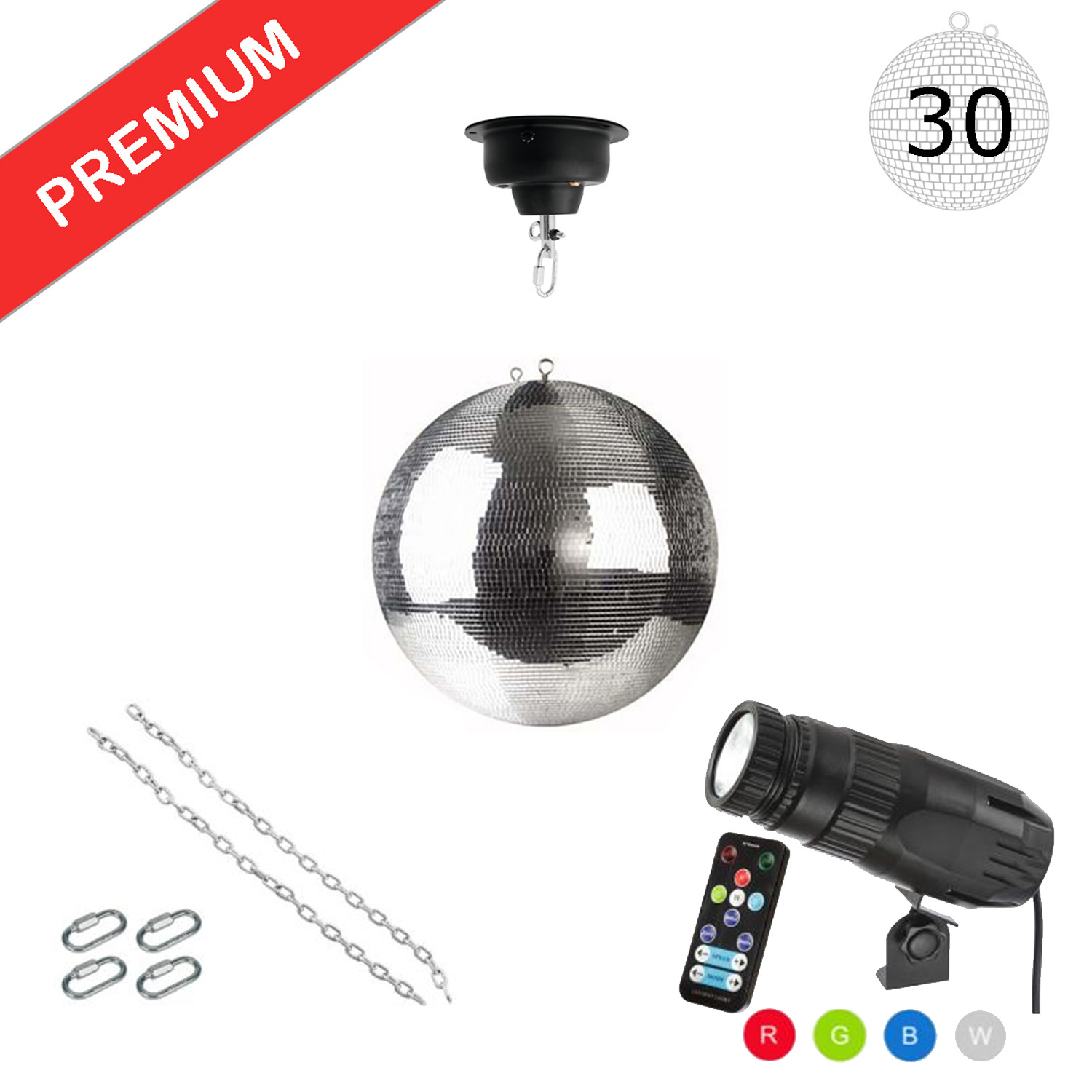 Spiegelkugel Komplettset - Discokugel, Motor, Pinspot, Montagematerial für Diskokugel - Mirrorball Set - Partyset Spiegelkugel Komplettset - Discokugel, Motor, Pinspot, Montagematerial für Diskokugel - Mirrorball Set - Partyset