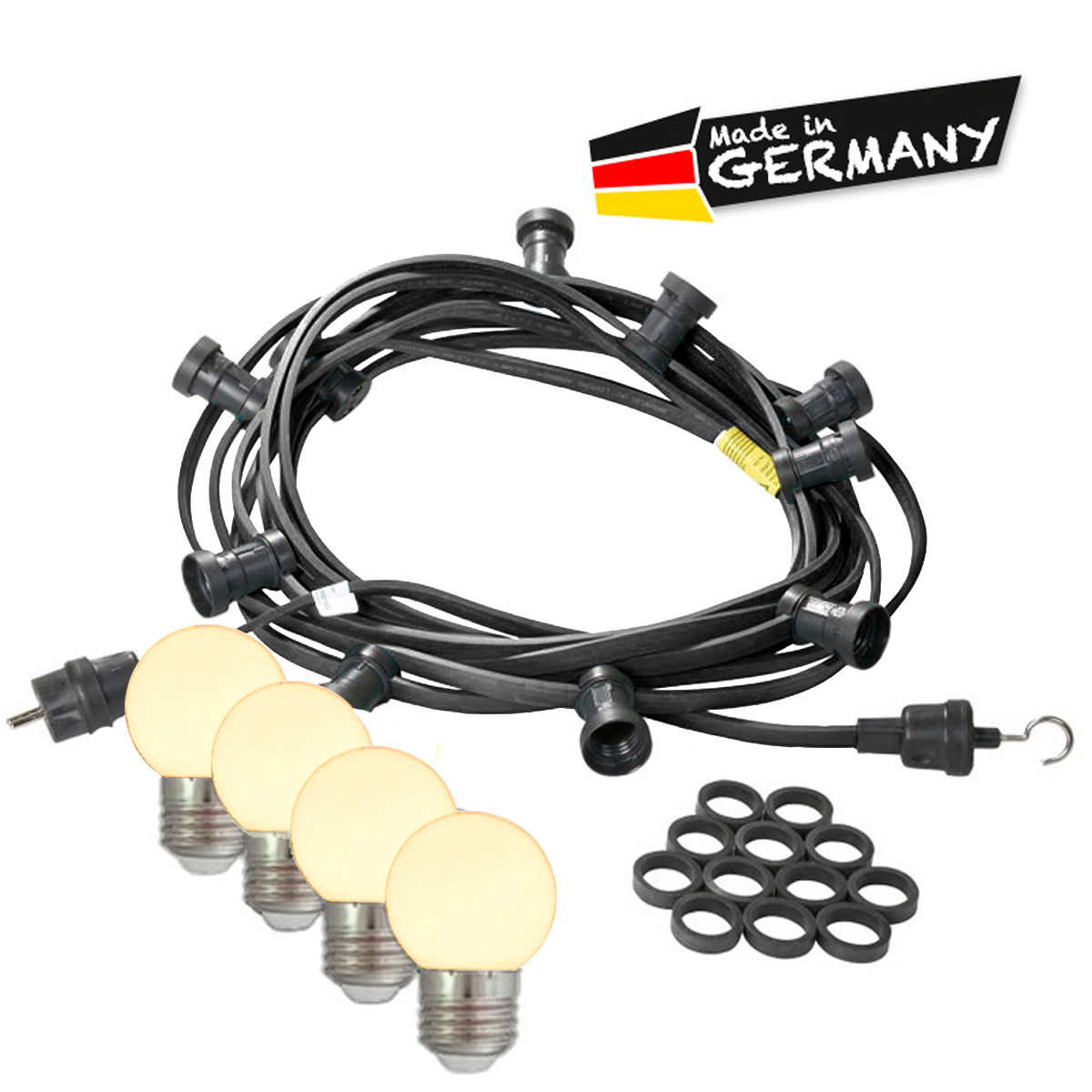Illu-/Partylichterkette 30m - Außenlichterkette - Made in Germany - 50 warmweiße LED Kugellampen Illu-/Partylichterkette 30m - Außenlichterkette - Made in Germany - 50 warmweiße LED Kugellampen