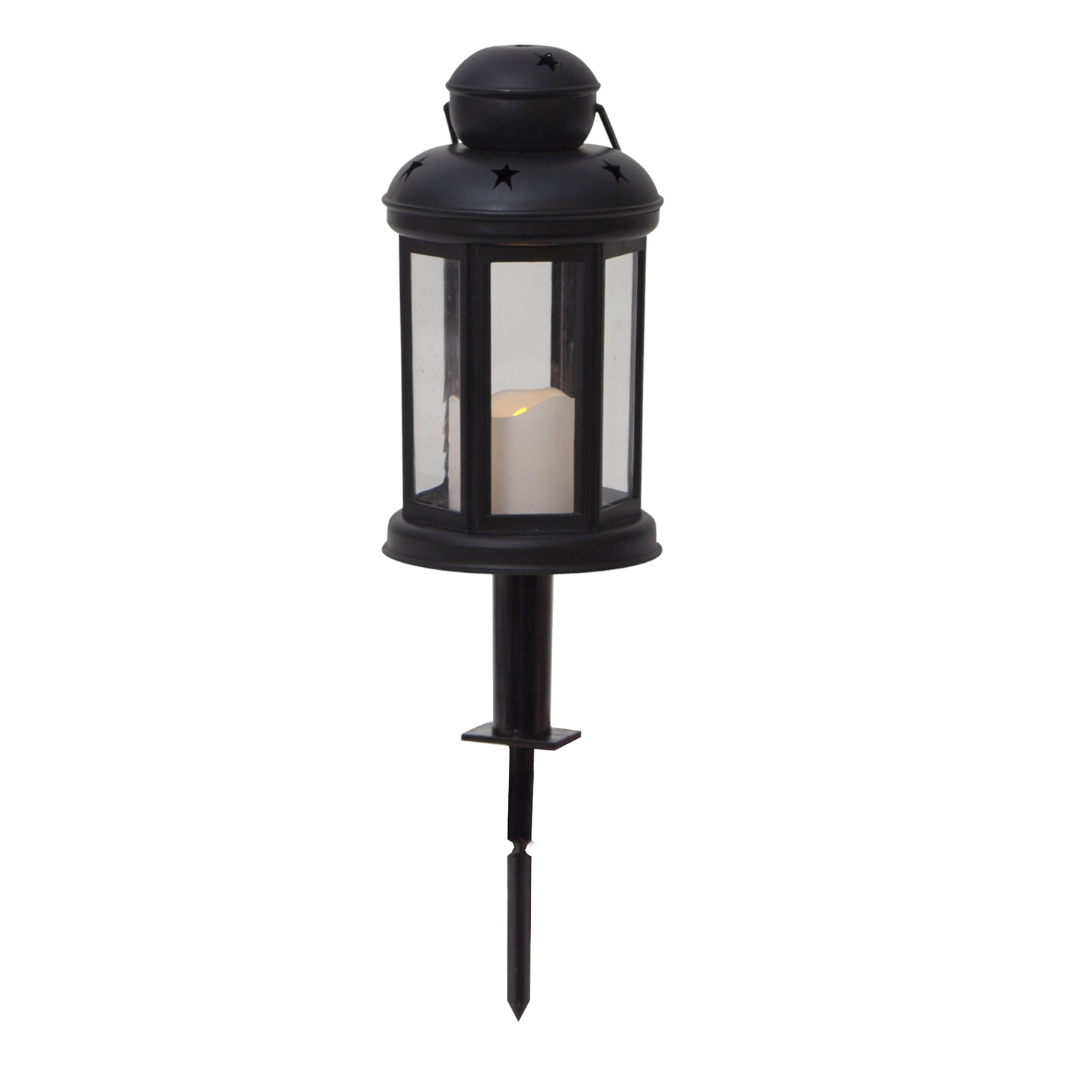LED Laterne/Grablicht mit Kerze - gelbe LED - Erdspieß - Timer - H: 18cm, D: 10cm - schwarz