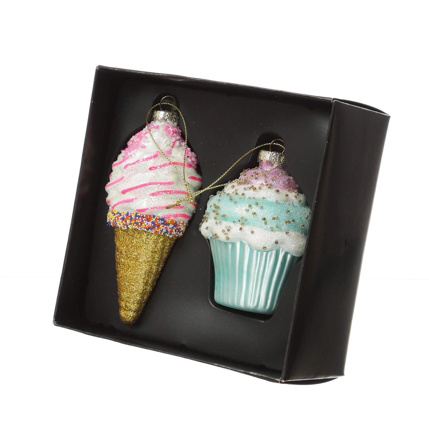 Weihnachtsbaumschmuck Eis/Cupcake - mit Perlen verziert - Glas - Christbaumschmuck - H: 13cm/10cm