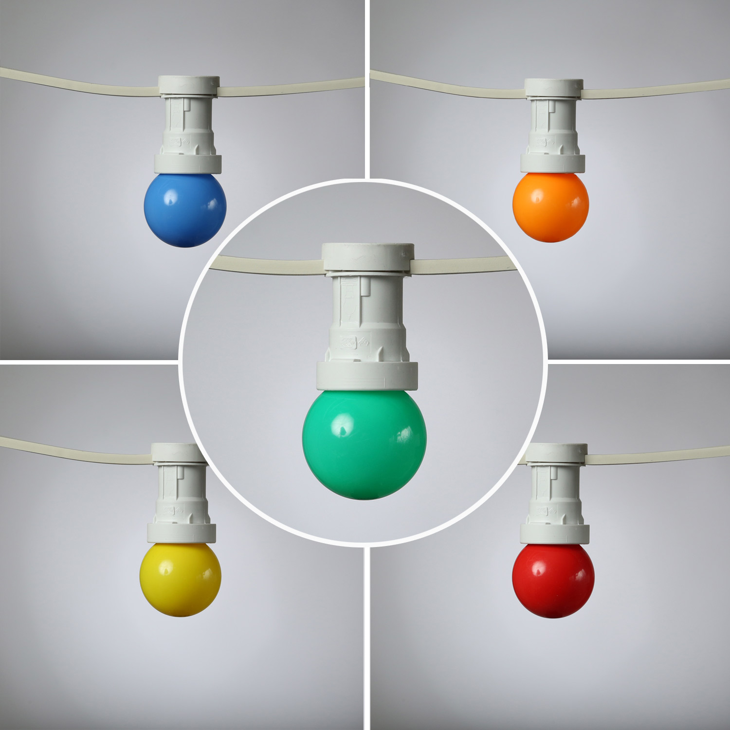 Illu-/Partylichterkette 20m - Außenlichterkette weiß - Made in Germany - 20 x bunte LED Kugellampen Illu-/Partylichterkette 20m - Außenlichterkette weiß - Made in Germany - 20 x bunte LED Kugellampen