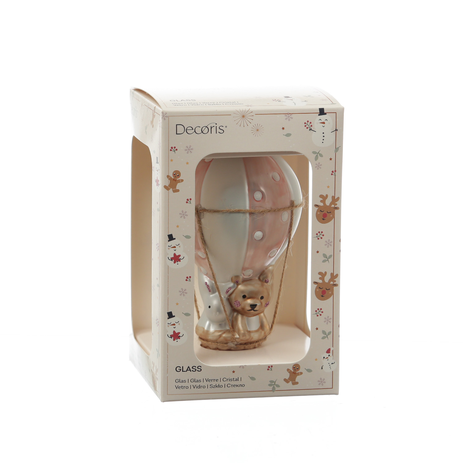 Weihnachtsbaumschmuck BALLON mit Bärchen und Hase - Glas - H: 13cm - rosa