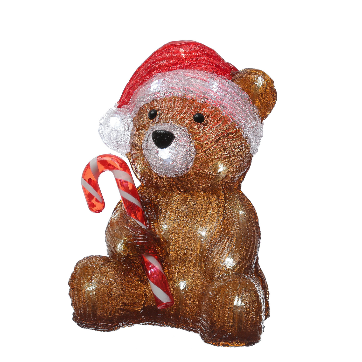 LED Bär mit Zuckerstange - Acryl Tierfigur - 32 kaltweiße LED - H: 24cm - Timer - Batteriebetrieb