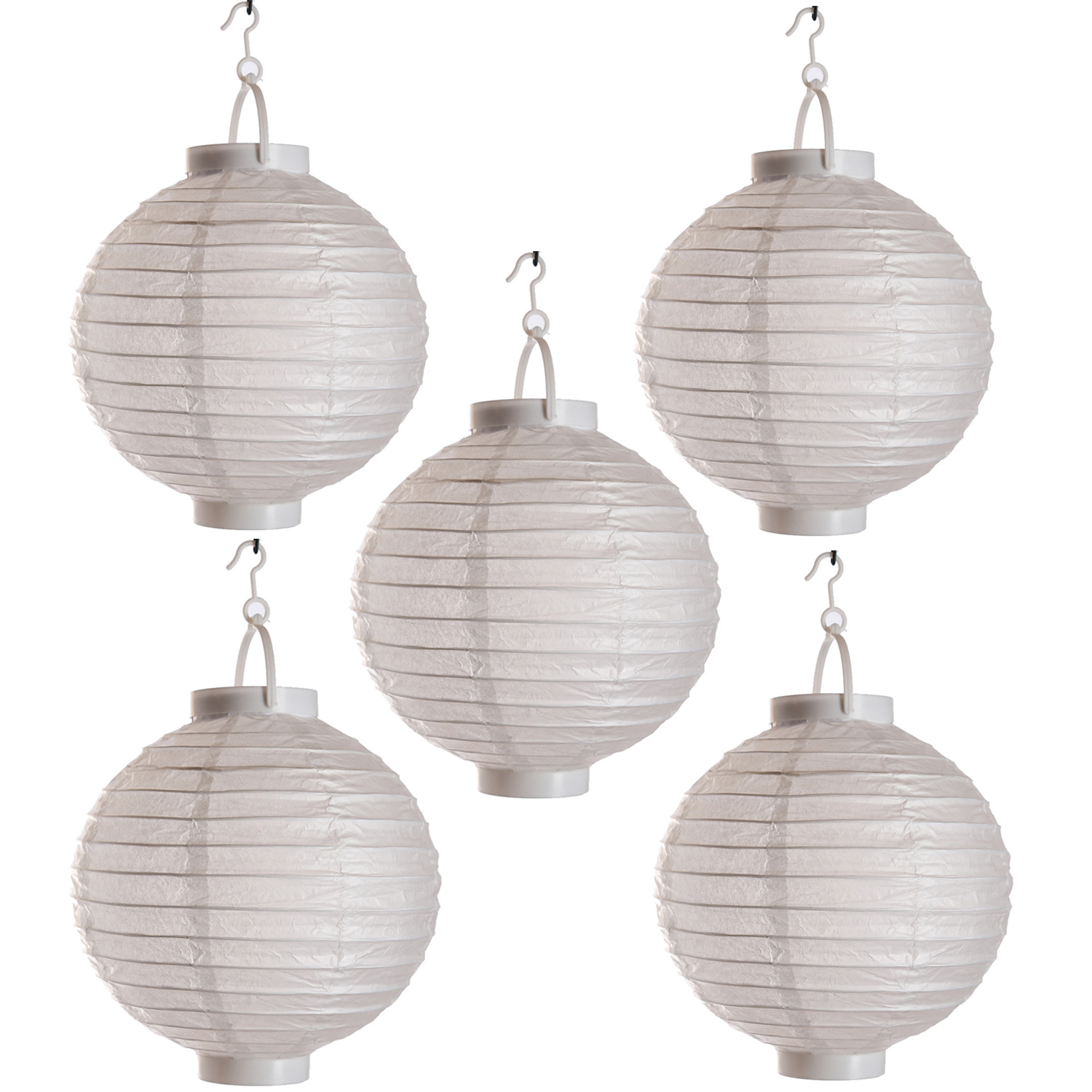 LED Lampion FESTIVAL - Papierlaterne - kaltweiße LED - D: 30cm - Montagehaken - 5er Set weiß