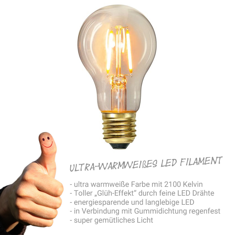 Illu-/Partylichterkette 30m - Außenlichterkette - Made in Germany - 50 x Edison LED Filamentlampen Illu-/Partylichterkette 30m - Außenlichterkette - Made in Germany - 50 x Edison LED Filamentlampen